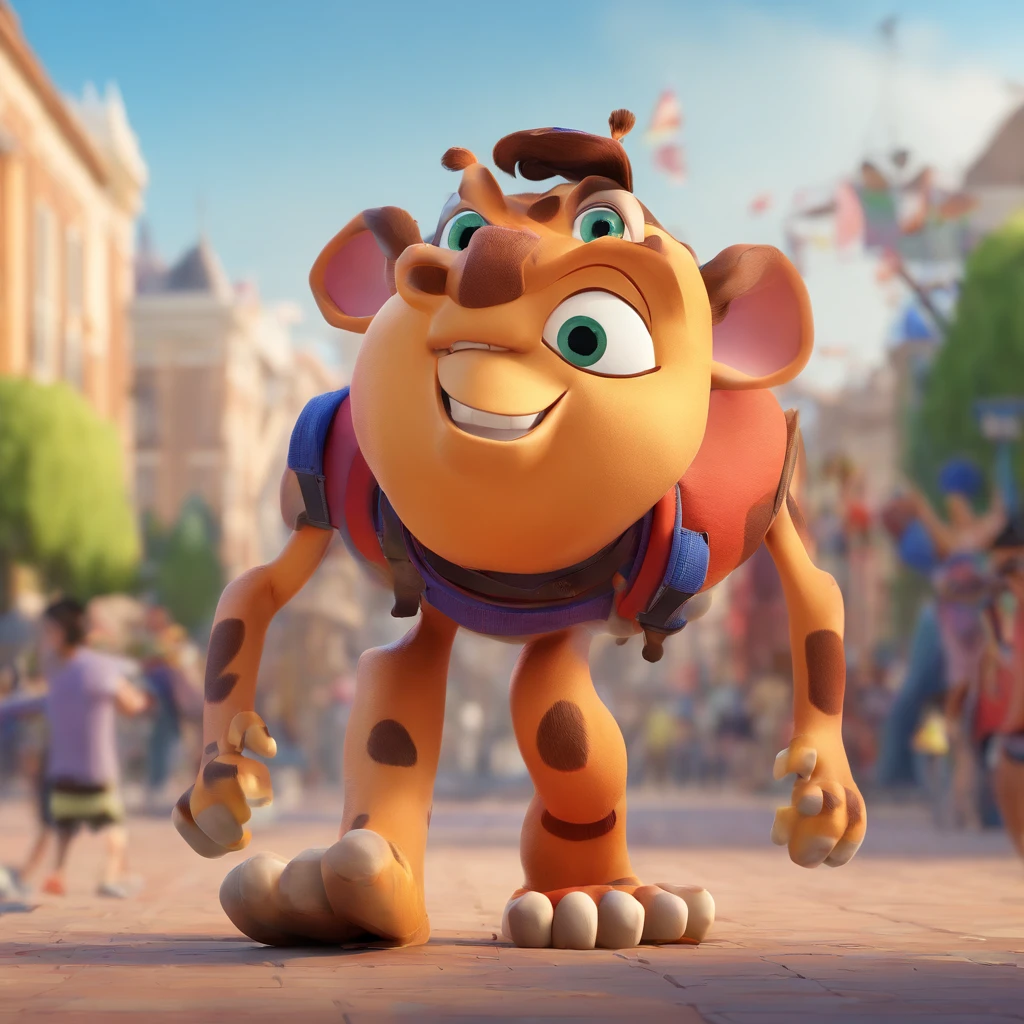Criar personagem estilo Pixar da Disney, gatinho de 2 anos, tigrado de pelos loiros, peludo, bigodes grandes, de garras afiadas,  usando coleira, Strolling in the square, olhando para passarinhos