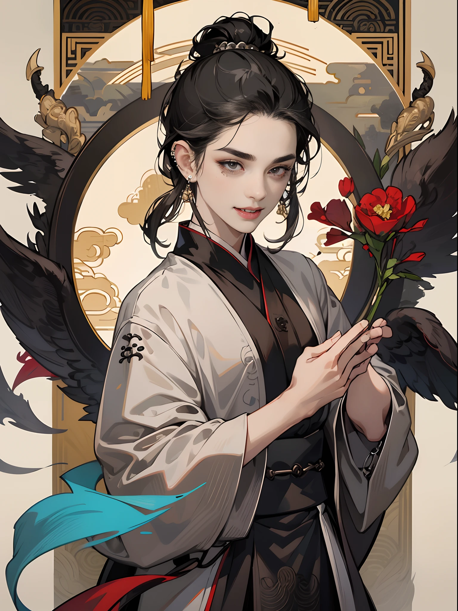 Masterpiece, High quality, Best quality, 1 persons, mtu, ((Black hair)), (Full body like),Short hair, ((body piercing)), Light brown eyebrows, Vulgar, ((Solo))), Cheeky, (blackigeyes) , ((Lots of piercings)), Chinese clothes, Hanfu, black fingernails, Detailed metal jewelry,tattoo, poison fangs, Sharp teeth, Highly detailed fine art, (finely detailed beautiful eyes and detailed face), Delicate depiction of facial features,Masterpiece, High quality, Best quality, 1 persons, 1 person, ((Black hair)), Short hair, ((body piercing)), Light brown eyebrows, Smile, Vulgar, ((Solo))), Cheeky, (Gray eyes) Fake smile, ((Lots of piercings)), Chinese clothes, Hanfu, black fingernails, Detailed metal jewelry, Male organs, tattoo, Drool, poison fangs, Sharp teeth, Highly detailed fine art, (finely detailed beautiful eyes and detailed face), Delicate depiction of facial features