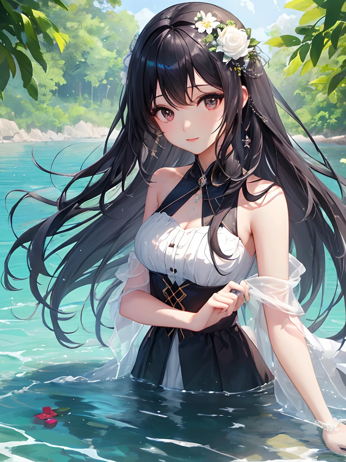 extremely¡ detailedâ CG unityâ 8k wallpaper,best quality ï1/4 noon,Beautiful Water 1/4 Long Black Hair 1/4 Beautiful 1 Girl 1/4 Serafk, Straight on view,eyeballs,hairÃ' Flowers,a closeup