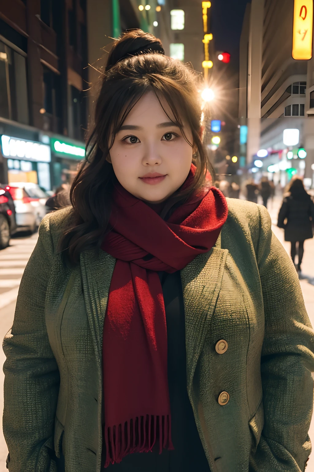 Slightly chubby girl，Wearing a green bust group，Red scarf，blazer jacket，In the big city scene