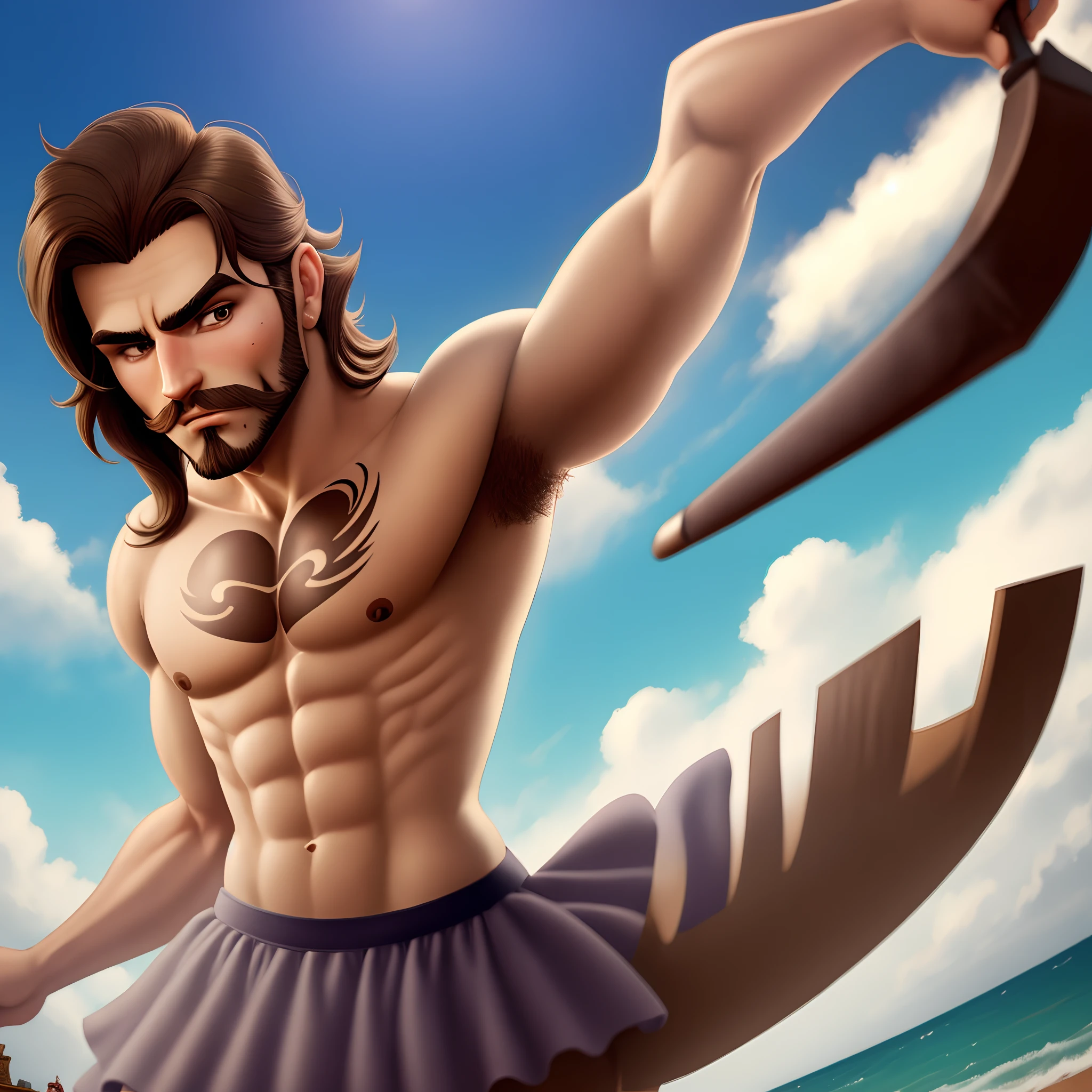 Realistic Digital Art Style -- Strong Man -- Young Adult 2 -- No Shirt -- Aura of Strength, charisma and confidence -- beautiful smile, smiling, smiling -- Pretty Face -- Light Blue Eyes -- Long Wavy Brown Hair, your hair reaches the nape of your neck -- barba curta -- Calça Samurai preta -- Faixa Vermelha amarrado na cintura -- Bandagens Vermelhas nos punhos -- Pose de herói e superioridade -- Katana na cintura -- Colar de prata, red stone pendant, Background scenery is a beautiful plain with sun, Trees, waterfall and the blue sky, extremely detaild, soft ambient lighting, 4K, perfects eyes, a perfect face, perfect lighting, the 1 girl)), context: The man is confident and smiling happily, light blue eye, he is a 28 year old young adult, your hair reaches the nape of your neck, strong and determined, is alone in this environment, He is smiling. detaileds: The sun is shining brightly, waves are gently lapping in the background, and birds are flying in the clear blue sky. ))