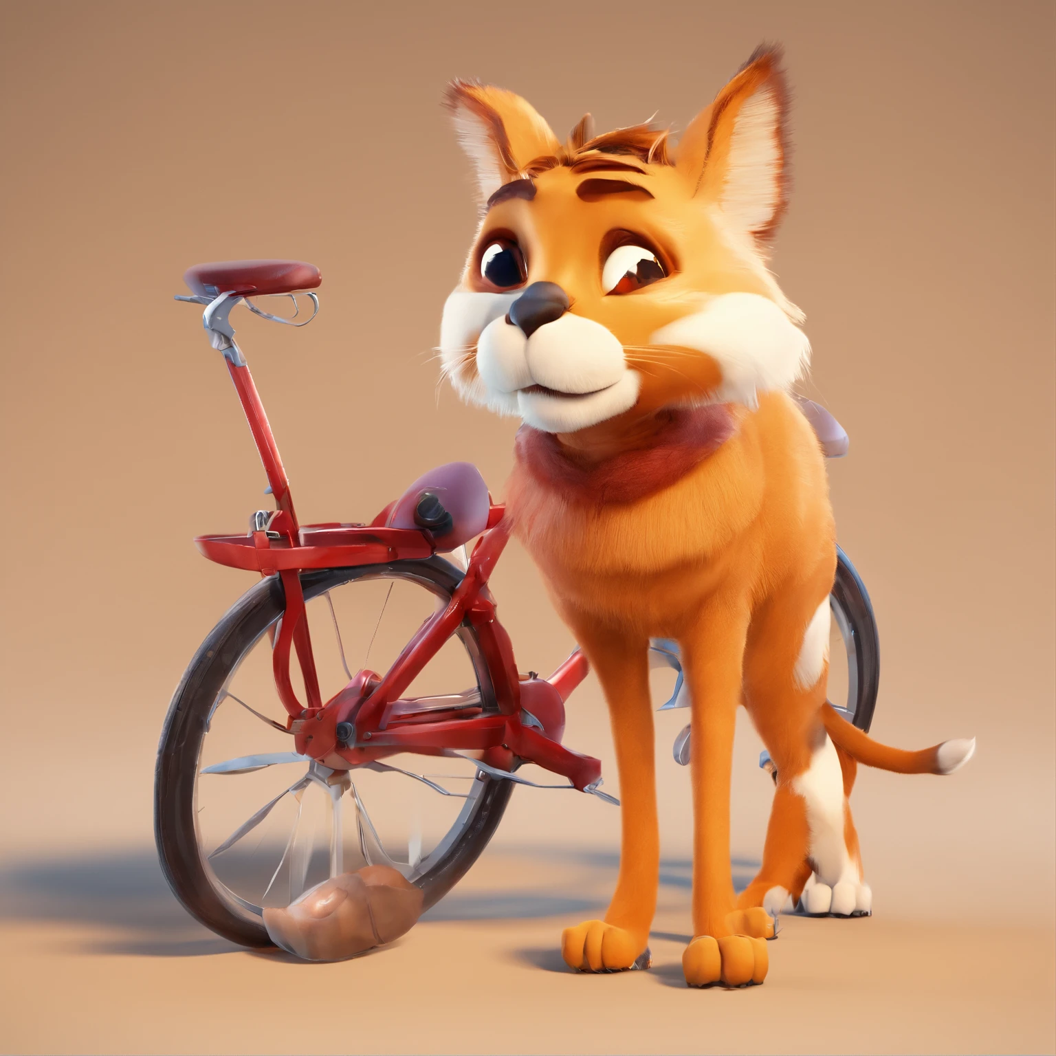 Criar personagem estilo Pixar da Disney, gatinho de 2 anos, tigrado de pelos loiros, peludo, bigodes grandes, de garras afiadas,  usando coleira, Strolling in the square, olhando para passarinhos