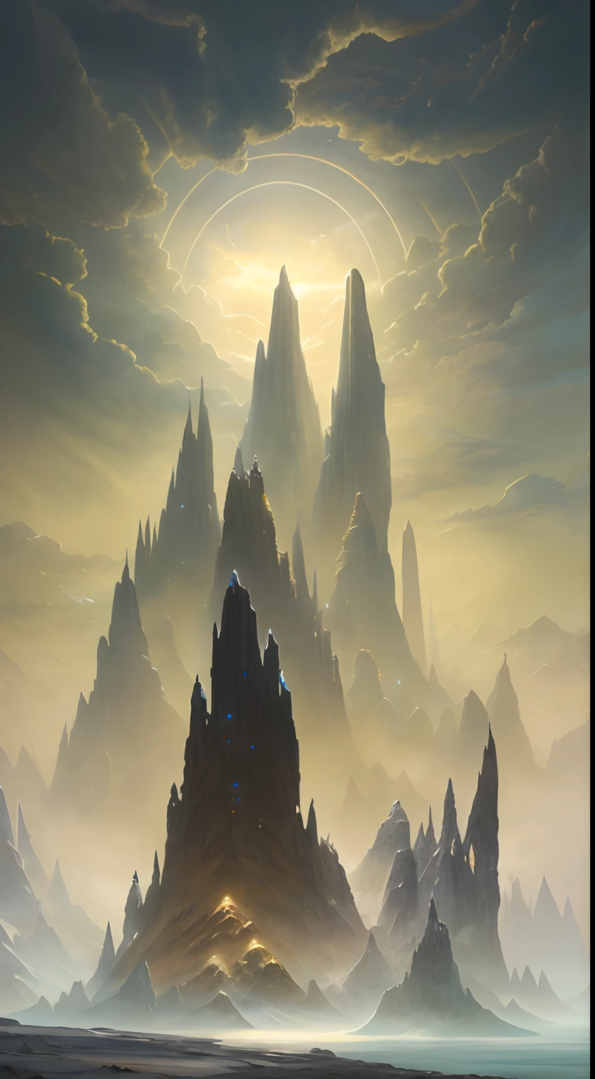There is a painting of a mountain with the sky as a background, mystical sci-fi concept art, inspired by James Paick, Magic the Gathering Concept Art, andreas rocha and john howe, dramatic concept art, Symmetrical epic fantasy art, inspired by Noah Bradley, high fantasy matte painting, stunning concept art, noah bradley concept art, impressive fantasy landscape