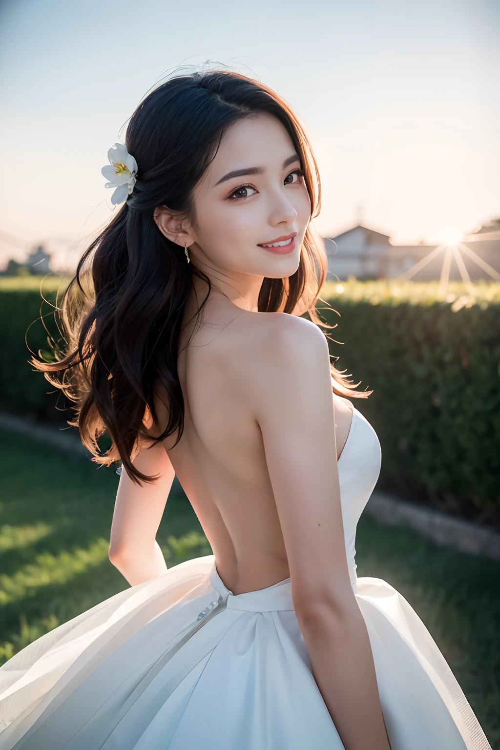 
A girl smiling in a ???? wedding dress, Japanese women。Beautiful ???????。

Textured skin, Flower storm、Front blur, Hair Flower, Lens flare, Sparkle Effect, reflected light, Lakeside。
Bouncing
