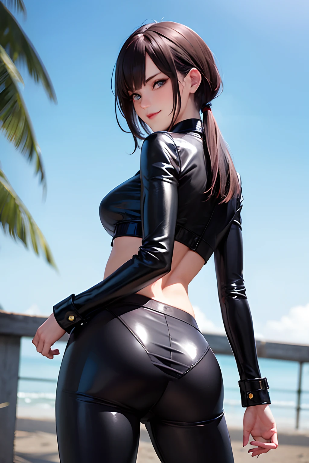 Meisterwerk, (realistisch), high-res, hochdetailliert, kompliziert, Beautiful women, rote Haare, blaue Augen, Sommersprossen, detailliertes Gesicht, latex leggins, from behind, looking at viewer, showing ass, smile