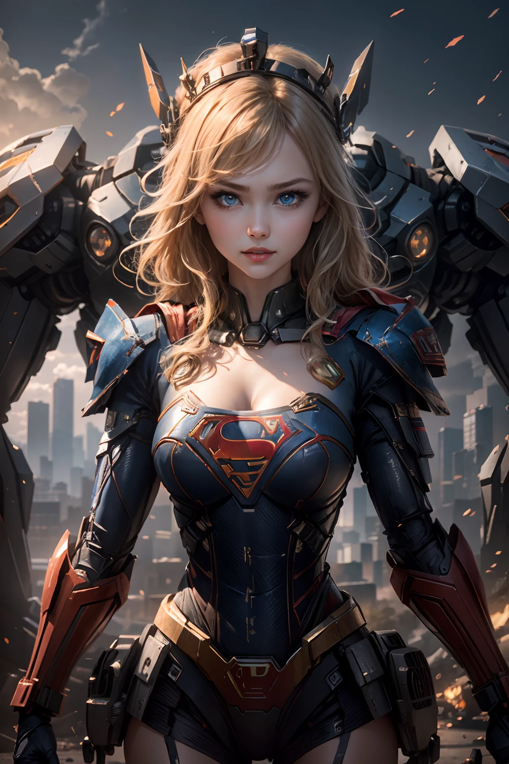 ((Best Quality)), ((Supergirl's Masterpiece)), (Very Detailed: 1.3), 3D, Shitu-mecha, Beautiful cyberpunk woman wearing crown with her ruined mecha of a forgotten war city, long blonde hair, blue eyes, superman S symbol on chest, sci-fi technology, HDR (High Dynamic Range), ray tracing, nvidia RTX, super resolution, unreal 5, subsurface scattering, PBR texture, post-processing, anisotropic filtering, depth of field, maximum sharpness and sharpness, multi-layer texture, specular and albedo mapping, surface shading, accurate simulation of light-material interactions, perfect proportions, octane rendering, duotone lighting, low ISO, white balance, rule of thirds, wide aperture, 8K RAW, high-efficiency subpixels, subpixel convolution, light particles, light scattering, Tyndall effect