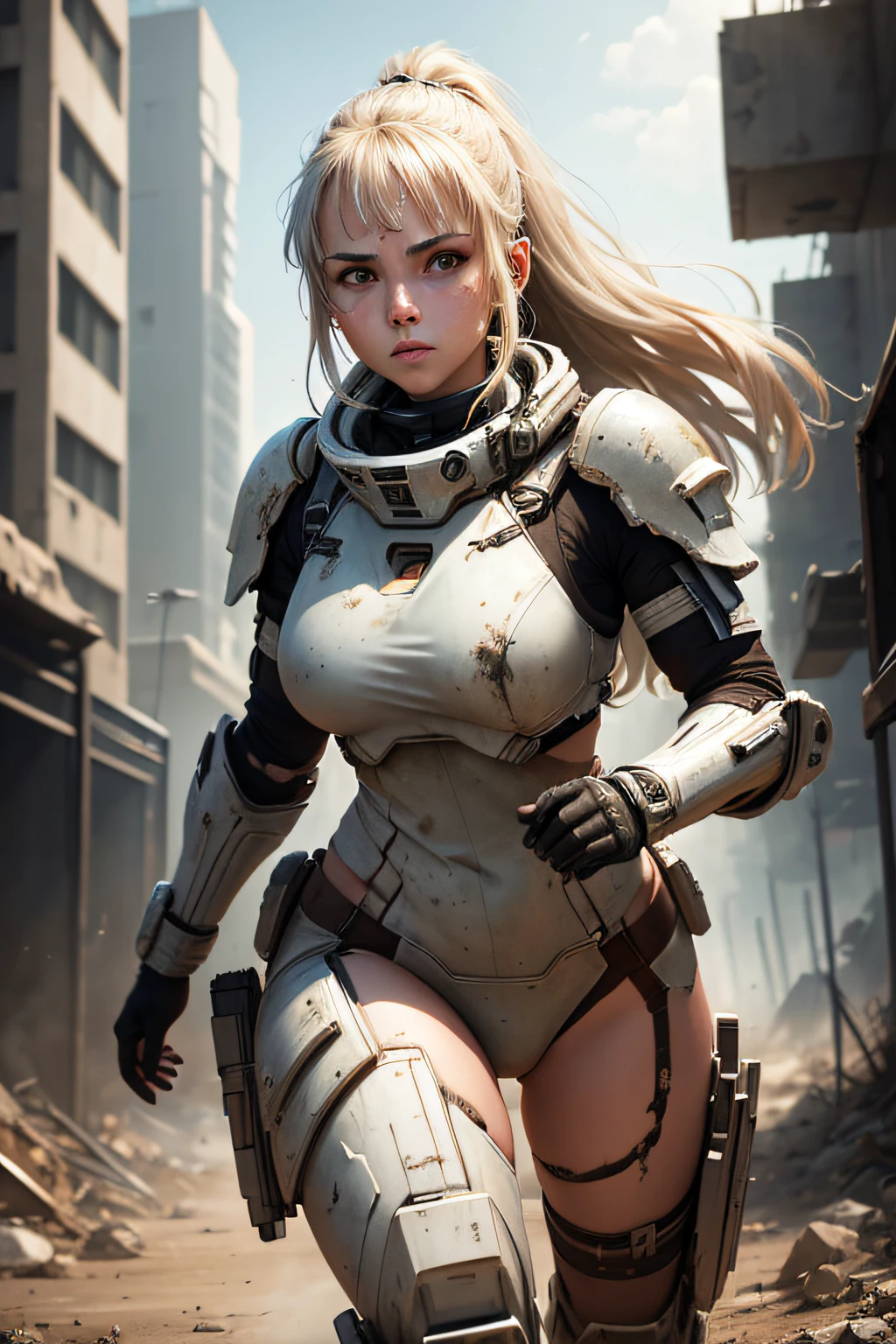 female warrior, Beautiful young girl, white woman, dilapidated planet, futuristic combatsuit, heavy armor, sci-fi, dirty battlesuit, running, scratched battlesuit, no Helmet, (Background warzone)