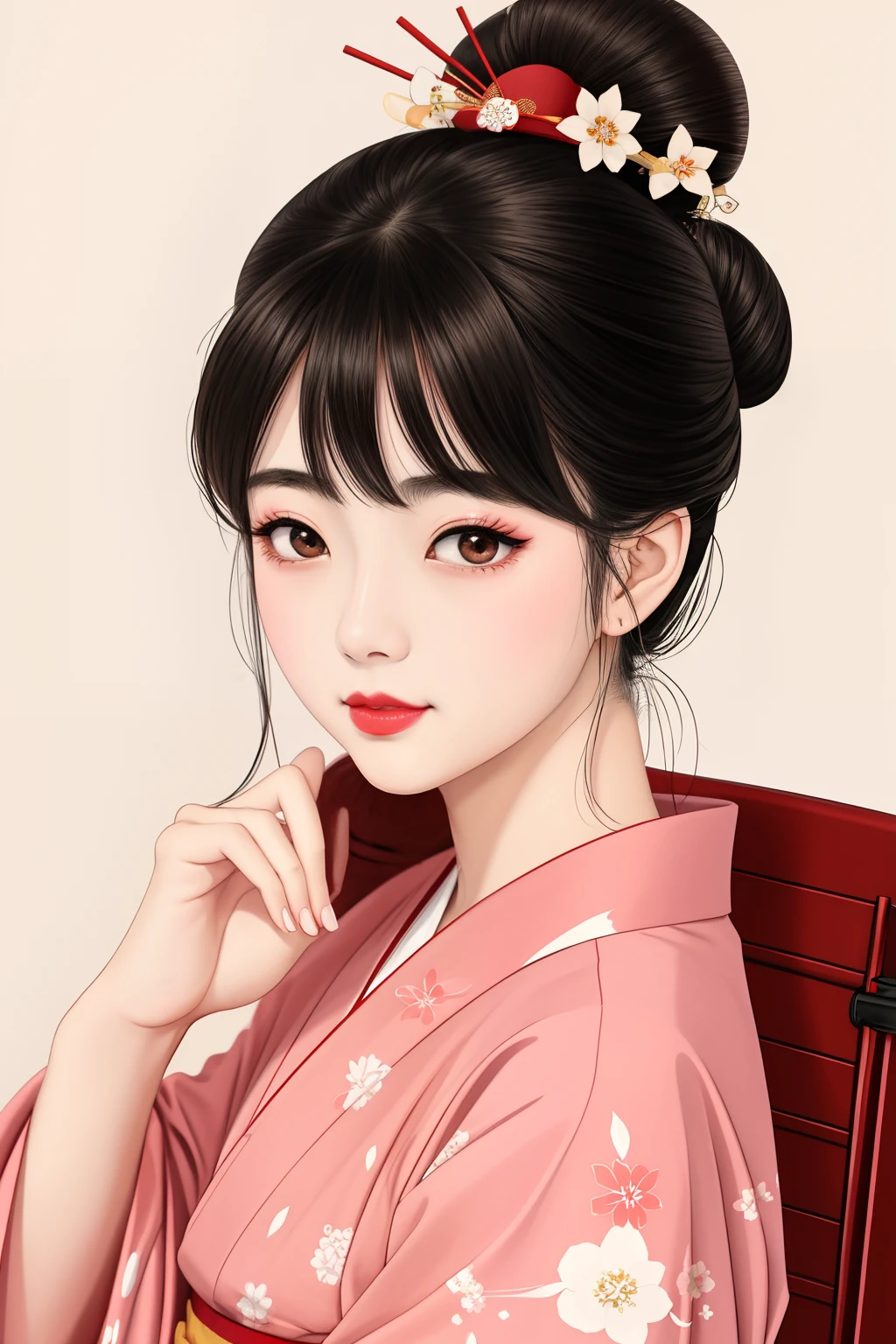 ((Big、a small face、No exposure))、top-quality、masterpiece、(Bun hair Black hair)、Brown eyes、⦅From the buttocks up is the whole body、Diagonally horizontal⦆、(4In K、masterpiece、hight resolution、Realistic and beautiful light and shadow、One girl、Solo Focus、(top-quality)、(Hi-Res)、(extremely delicate and beautiful)、(Beautiful 8k face)、(I close my eyes while smiling.)、(独奏)、(Clear skin)、(Soft hair)、(7headed body)、(Japanese style yukata kimono with red and white floral pattern、Japan girl in yukata)、((Hair in a bun))、((Tanabata decoration background))、((a small face))、(reality)、thin and small nose、(red lipsticks)、(Reddening cheeks)、(Lustrous skin)、((Ukiyo-e style))、Ultra-thin eyebrows、Ultra high image quality、(Wearing maiko-style makeup)、skin whitening、long and beautiful lashes、Lustrous skin that changes like a model in a Kyoto magazine、(Red-dyed cheeks),Nasal muscle