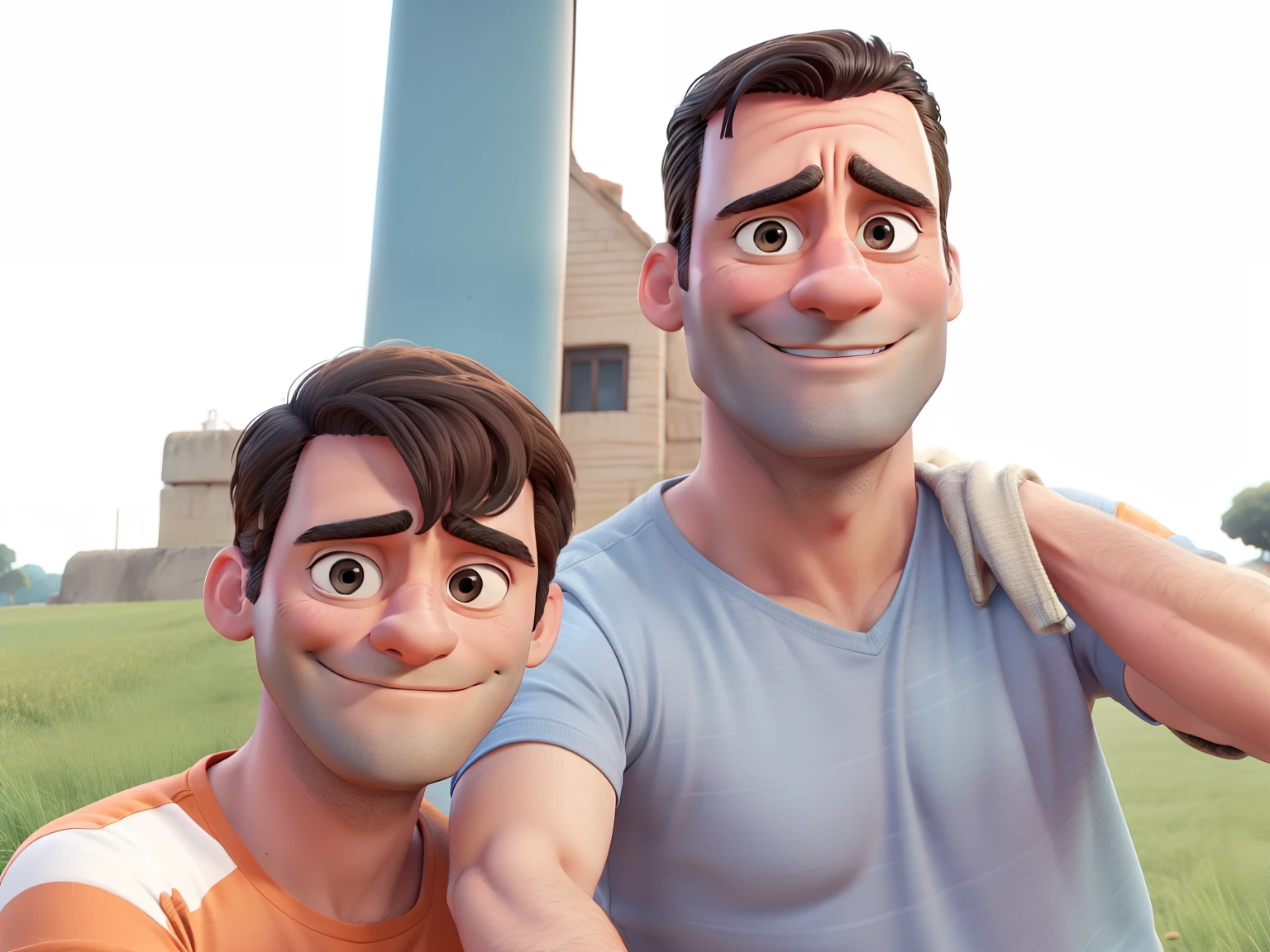 Jon Hamm, Cartoons in orange shirt and black pants, arms crossed, olhando para frente e sorrindo com os dentes aparecendo;
