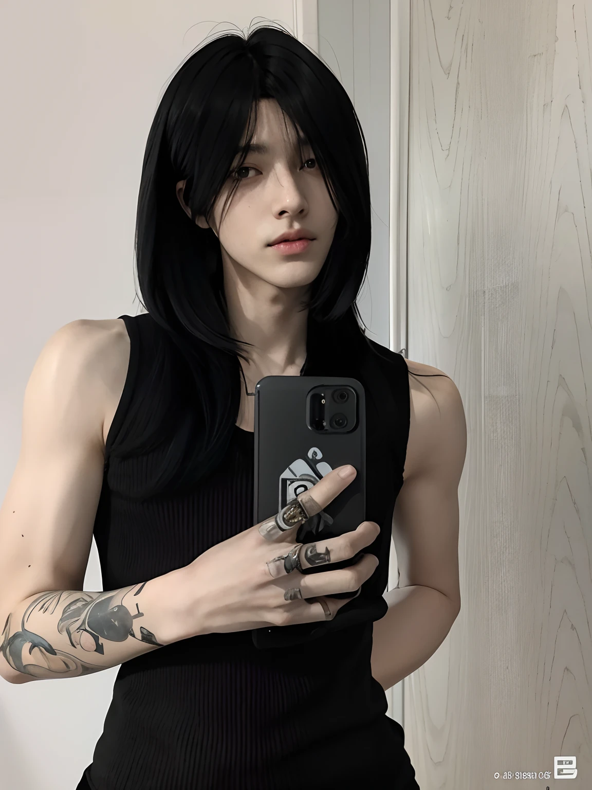 Black-haired man holding a cell phone, il a les cheveux noirs avec une frange, 1 7 ans - Anime boy dans la vraie vie, Ulzzang, 1 7 - he wears a black tank top, anime-inspired, Androgynous cyberpunk boy with jet black hair