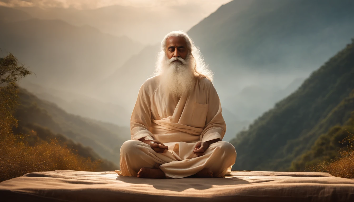 (best quality,4k,8k,highres,masterpiece:1.2),ultra-detailed,(realistic,photorealistic,photo-realistic:1.37), full body portrait,((Sadhguru:1.1)) meditating,yogi with long white beard and white robe, deep concentration,eyes closed in meditation,body relaxed,lotus position,serenity and wisdom reflecting, front angle, Big light,hinduism, the entire Milky Way starry sky, majestic, starlight rising, in the center, facing the camera, Beautiful image, epic cinematic shot, Ultra photo realsisim, 8K
