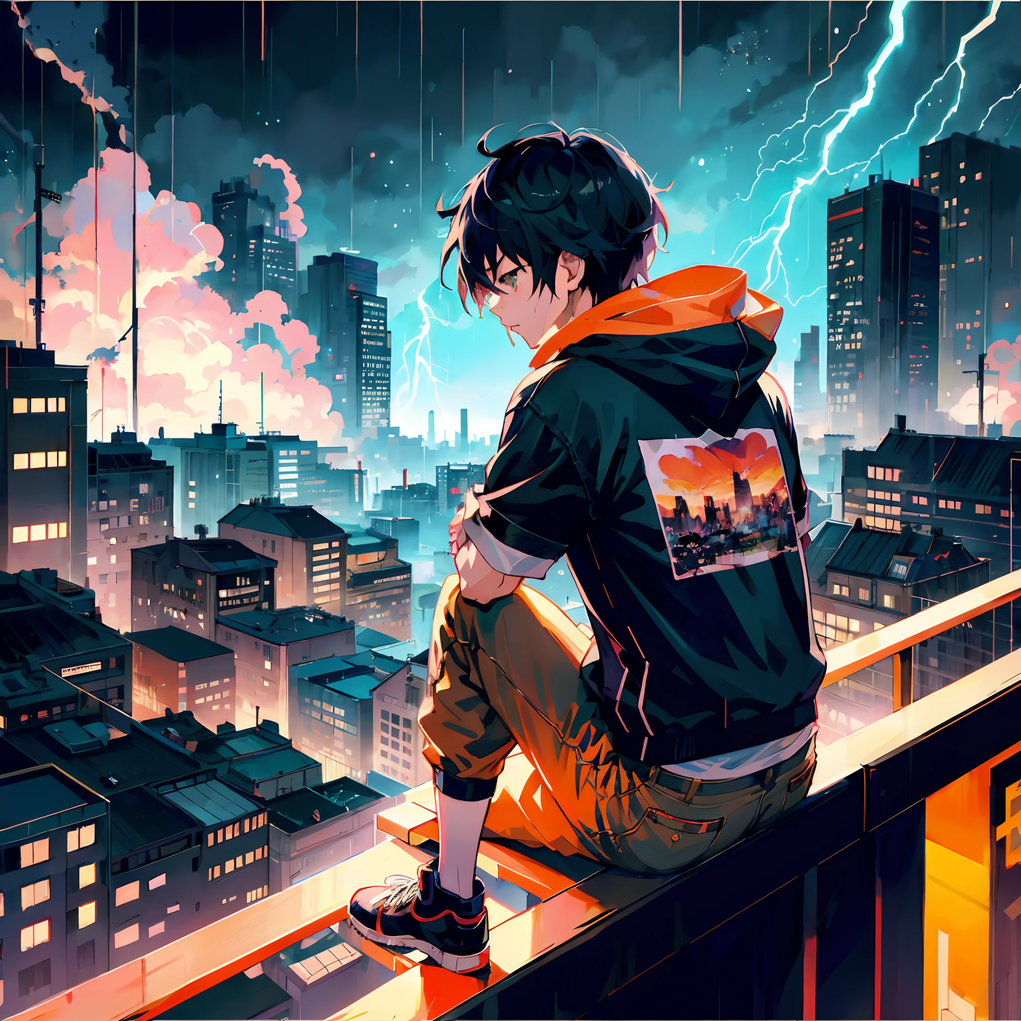 Anime boy sitting on a windowsill looking at the city skyline with lightning bolts, style of anime4 K, Anime art wallpaper 4 K, Anime art wallpaper 4k, Anime art wallpaper 8 K, Anime wallpaper 4K, Anime wallpaper 4 k, 4K anime wallpaper, Digital cyberpunk anime art, inspired by Liam Wong, Makoto Shinkai Cyril Rolando, Anime style. 8K