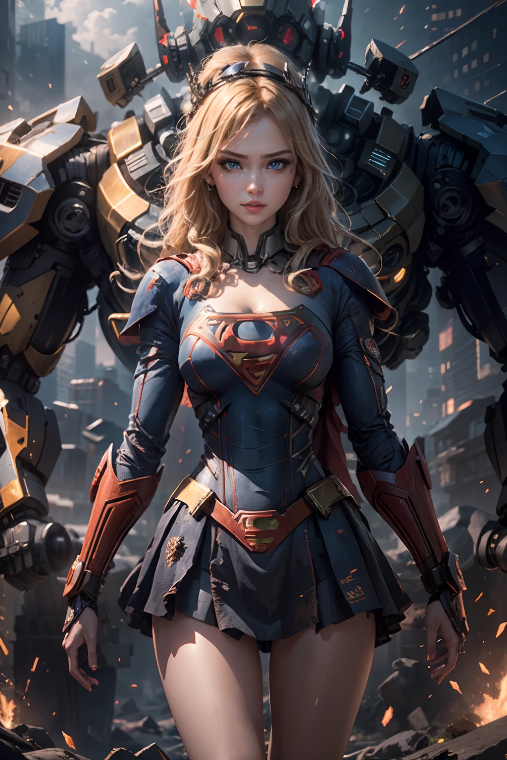 ((Best Quality)), ((Supergirl's Masterpiece)), (Very Detailed: 1.3), 3D, Shitu-mecha, Beautiful cyberpunk woman wearing crown with her ruined mecha of a forgotten war city, long blonde hair, blue eyes, superman S symbol on chest, sci-fi technology, HDR (High Dynamic Range), ray tracing, nvidia RTX, super resolution, unreal 5, subsurface scattering, PBR texture, post-processing,  anisotropic filtering, depth of field, maximum sharpness and sharpness, multi-layer texture, specular and albedo mapping, surface shading, accurate simulation of light-material interactions, perfect proportions, octane rendering, duotone lighting, low ISO, white balance, rule of thirds, wide aperture, 8K RAW, high-efficiency subpixels, subpixel convolution, light particles, light scattering, Tyndall effect