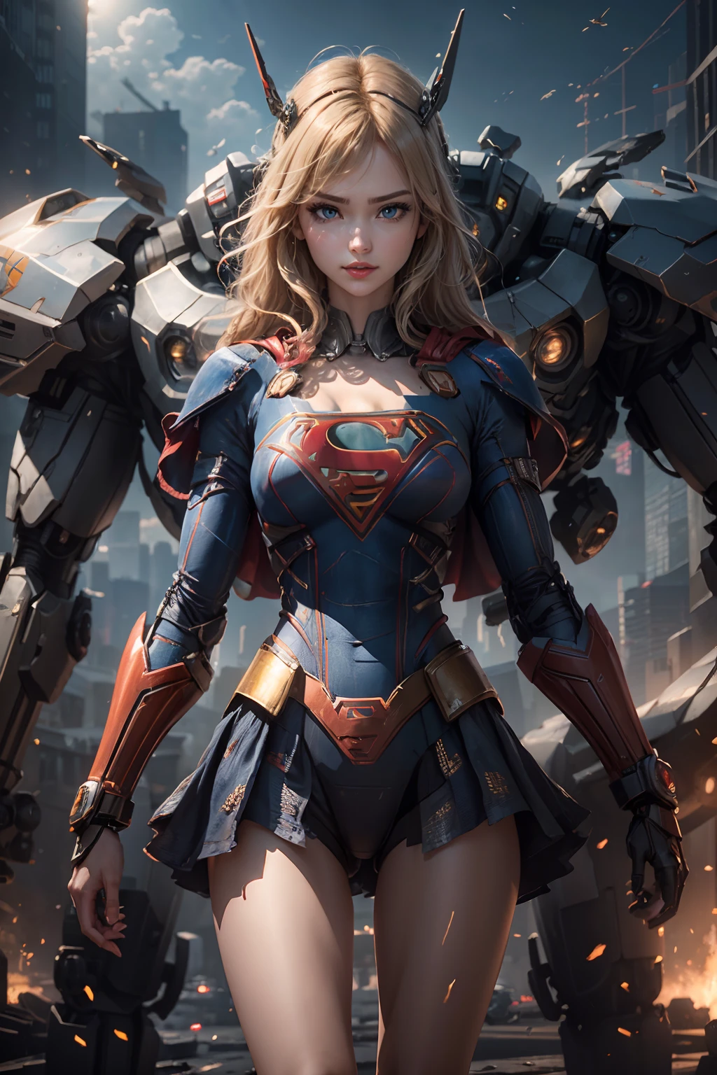 ((Best Quality)), ((Supergirl's Masterpiece)), (Very Detailed: 1.3), 3D, Shitu-mecha, Beautiful cyberpunk woman wearing crown with her ruined mecha of a forgotten war city, long blonde hair, blue eyes, superman S symbol on chest, sci-fi technology, HDR (High Dynamic Range), ray tracing, nvidia RTX, super resolution, unreal 5, subsurface scattering, PBR texture, post-processing, anisotropic filtering, depth of field, maximum sharpness and sharpness, multi-layer texture, specular and albedo mapping, surface shading, accurate simulation of light-material interactions, perfect proportions, octane rendering, duotone lighting, low ISO, white balance, rule of thirds, wide aperture, 8K RAW, high-efficiency subpixels, subpixel convolution, light particles, light scattering, Tyndall effect