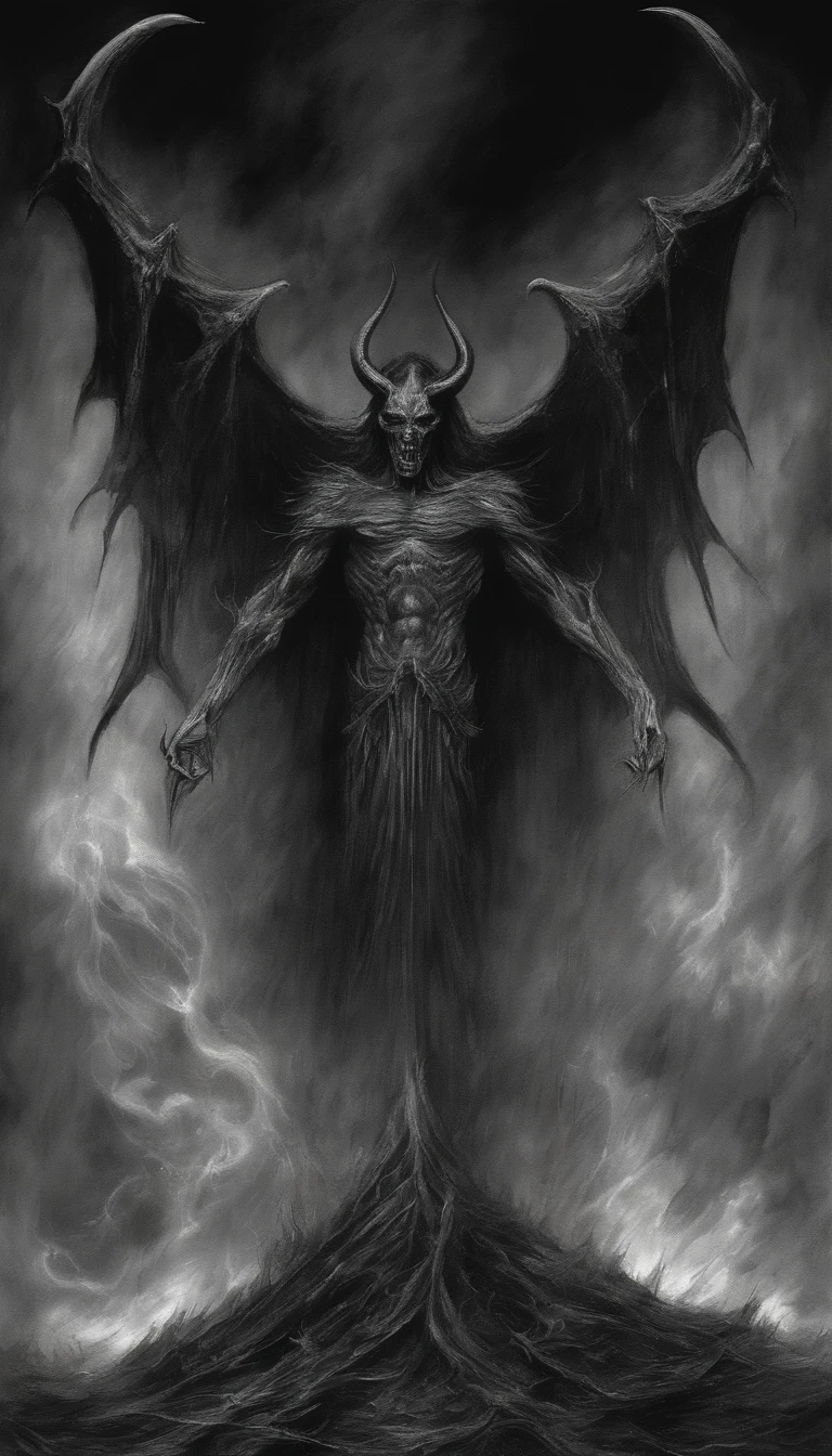 (devil,satan),oil painting,charcoal sketch,demonic atmosphere,burning flames,devilish grin,dark horns,fiery eyes,evil aura,long, sharp nails,smoke and shadows,menacing presence,red and black color palette,dramatic lighting,creepy atmosphere,ominous background,devil's advocate,nightmarish,macabre subject,cryptic symbols,haunting beauty,sinister expression,supernatural power,malevolent energy,demonic possession,cursed soul,eternal damnation,innate darkness,tormented souls,abyssal depths,wickedness,lurking shadows,unholy power,devilishly handsome,devil's inferno,temptation and desire,enslaved souls,satanic rituals,forbidden knowledge,underworld dominance,realm of darkness,descent into madness.