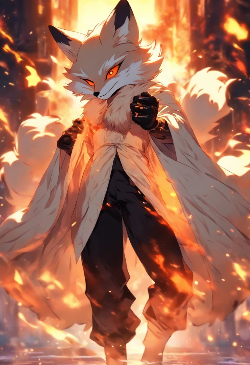solo male, white robes, grey eyes, black pants, black gloves, fox furs, fox mask, blonde hair, mask face, standing, fantasy,