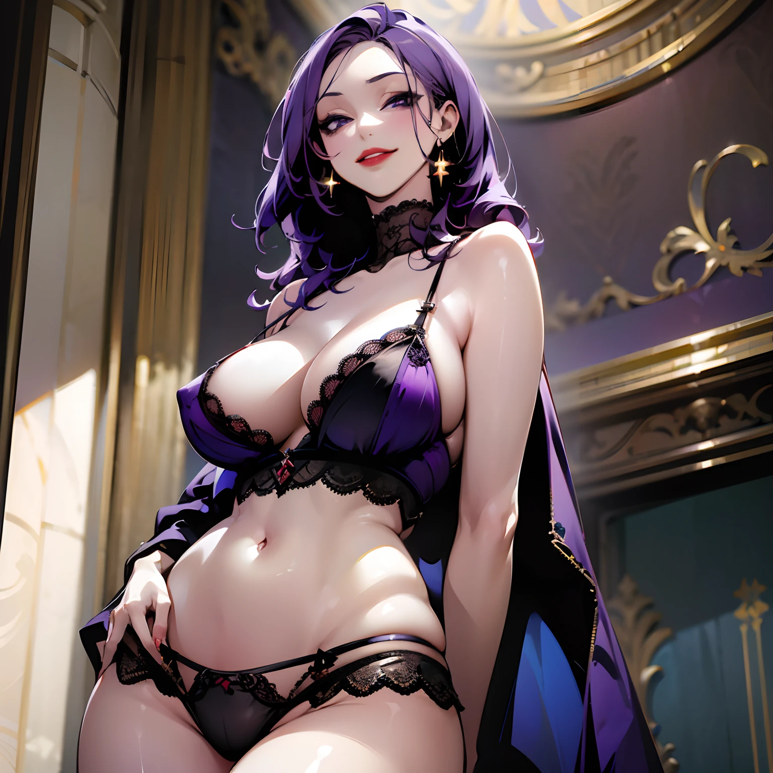 ((masterpiece)), ((best quality)), ((HD)), ((extremely detailed)), ((perfect face)), black lingerie, ((massive breasts)), bare shoulders, bare arms, smiling, looking at the camera, standing, red lipstick, purple hair,