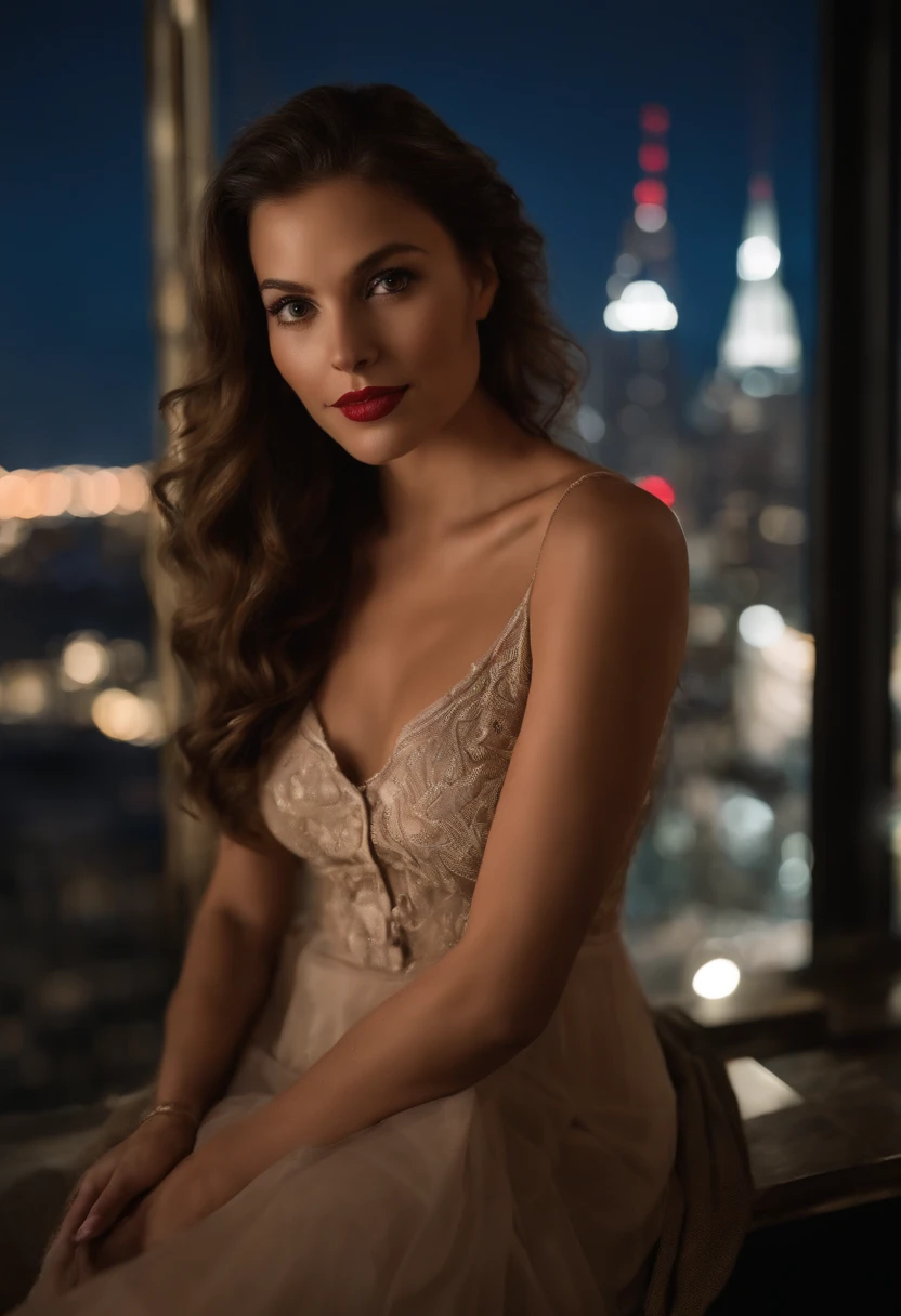 style: a woman in realistic style, colored, 35mm lens, city in the background