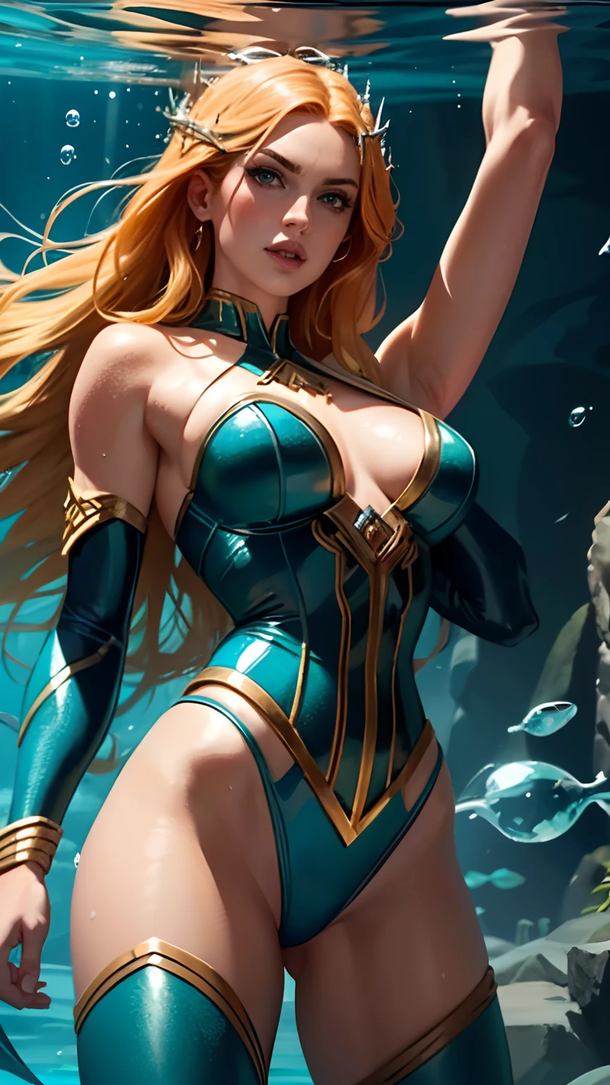 Beutiful women,The body is defined in detail using the Aquaman heroine Mera roleplay, Mera from dc comics, read hair color , big breasts ,Plain blue tights,blue corset,serious-expression,C cup,drenched all over the body,Particularly thin waist,Particularly thin legs,The legs are thinner,perfect bodies,Deep under the ocean surrounded with fishes and water and bubbles ,spreads her legs apart,Close-up of the back,Close-up of genitals, model pose,trident in her hand