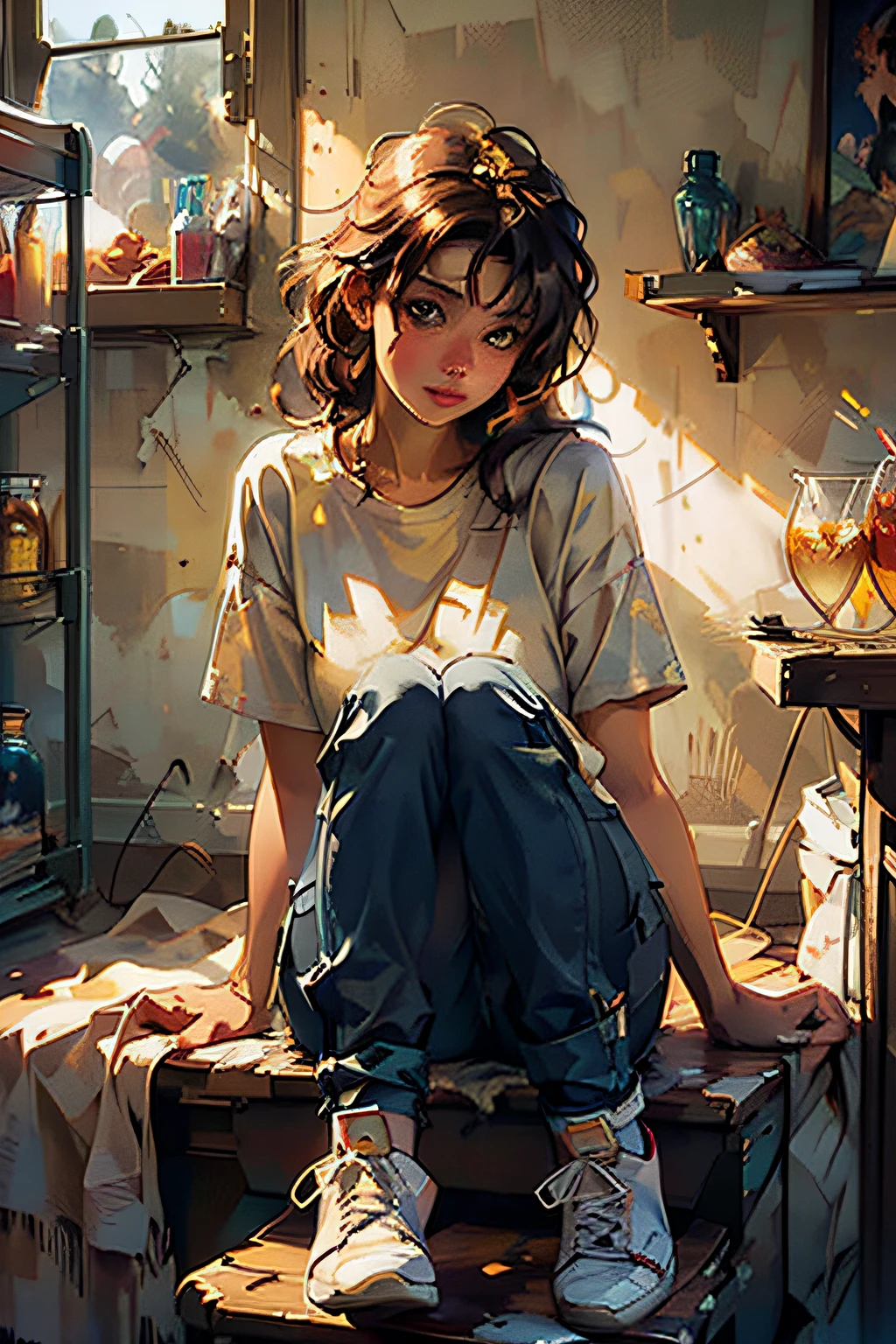 Shui001, (Photorealistic:1.4), Official art, Unity 8k壁纸, Sitting , ultra-detailliert,Exquisitely detailed skin,(Cinematic Angle)(Film grain:1.2)Cinematic lighting,Beautiful and aesthetic, masutepiece, Best Quality, Glowing skin, (Cool light:1.5),Full body,(Moonlight)(At the Supper Market) 1girl in, Yellow T-shirt, Washed Flared Jeans, White Converse Sneakers, Dynatic Pose, Wide range of shelves, Refrigerator full of drinks,shopping, 1990's \(Style\),