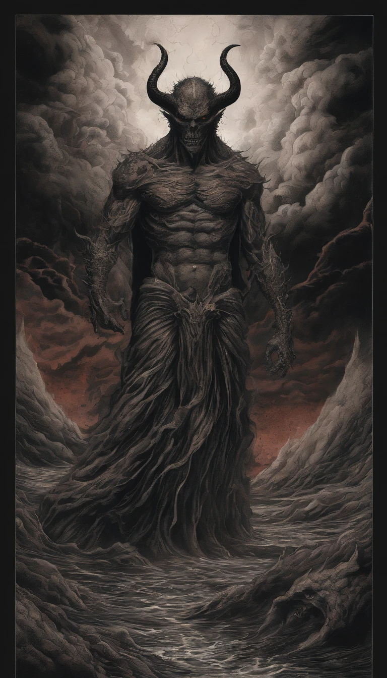 a full-body portrait of Satan, with intense fiery eyes and a sinister grin, surrounded by a hellish landscape. The devil is depicted with intricate horn structures, sharp fangs, and a muscular physique. His skin is dark red and covered in intricate tattoos, symbolizing evil and darkness. He is dressed in a flowing black cloak, which billows dramatically in the fiery winds of the underworld. The background is filled with volcanic landscapes, molten lava, and ominous dark clouds. The entire scene is bathed in an eerie red and orange color palette, giving it a hellish and sinister atmosphere. The lighting is dramatic, with deep shadows and intense highlights emphasizing the devil's features. The overall image quality should be of the highest caliber, with ultra-detailed textures and realistic rendering. The style should be a dark and menacing portrayal of Satan, reminiscent of horror and fantasy art.