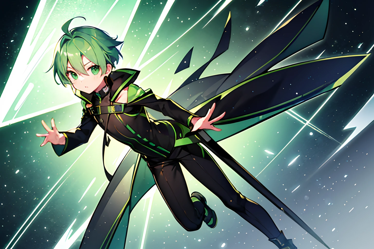 1 boy、beautiful countenance、Gray color、Anime boy with green hair and green eyes staring at the camera、Glowing green eyes、Green leather coat、monochromes、slim, Diagonal angle、Oblique eyes、Cool、kick、a cool、full body seen、