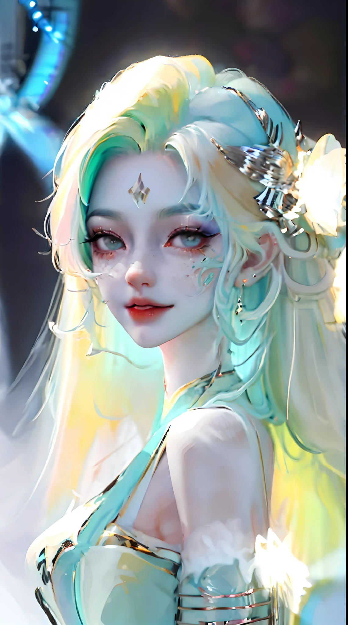 Length: 170cm Weight: 58 kg hair: Long and straight in light blonde eyes: Large, Shiny emerald green skin: Succulent and vulgar
apparel: She wears a dress with a modern and elegant design in bright colors and suitable for artistic performance. Carry a small bag with a modern design.
facial expression: The eyes are bright and carry a vibrant, vibrant expression. She can have a cool and attractive smile.
background: Be in a fashion and art studio with bright lights and an atmosphere full of enthusiasm and creativity.