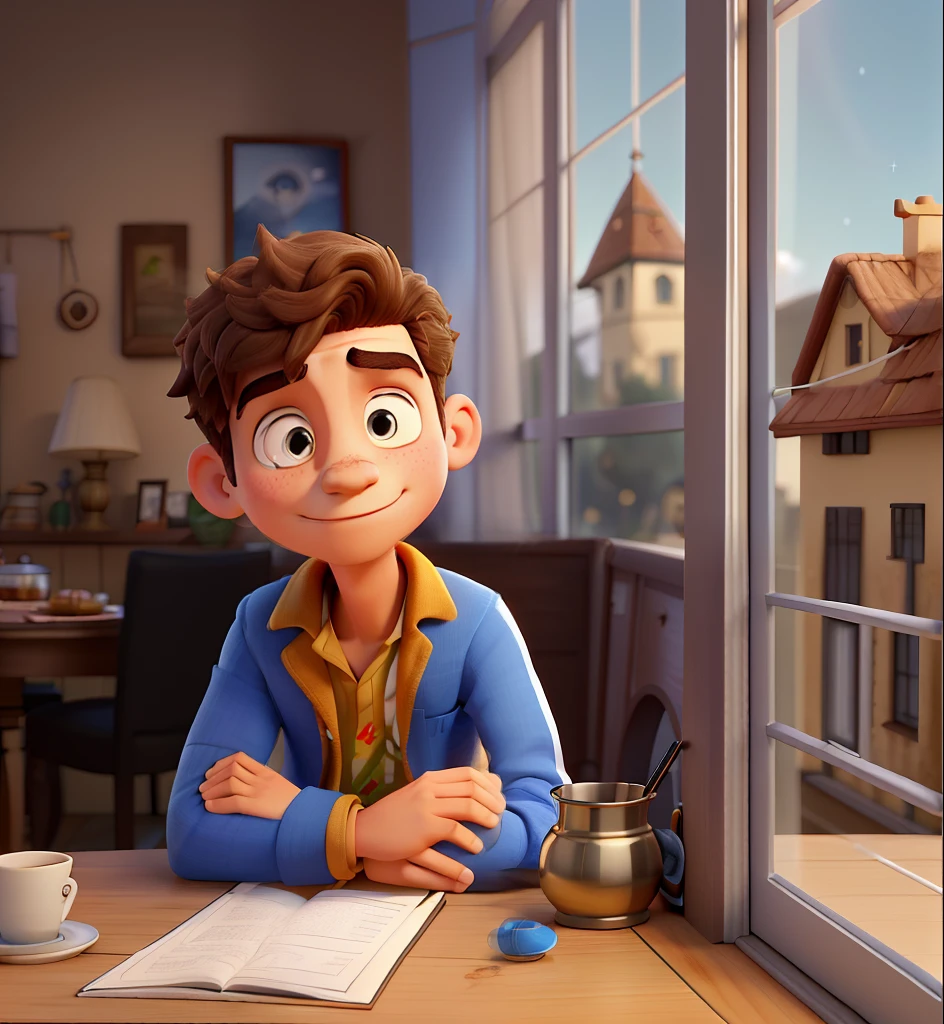 Um homem vestindo um terno como o do Jack skellington, veste uma capa de bruxo prata, Next to it is a small round table with a golden candlestick and in the background a window, cortinas cor de vinho, poses while looking at the camera sideways, cabelos pretos, rosto sem barba, rosto magro, In his hand a dark Zul umbrella, The sky that appears in the window is dark and starry
