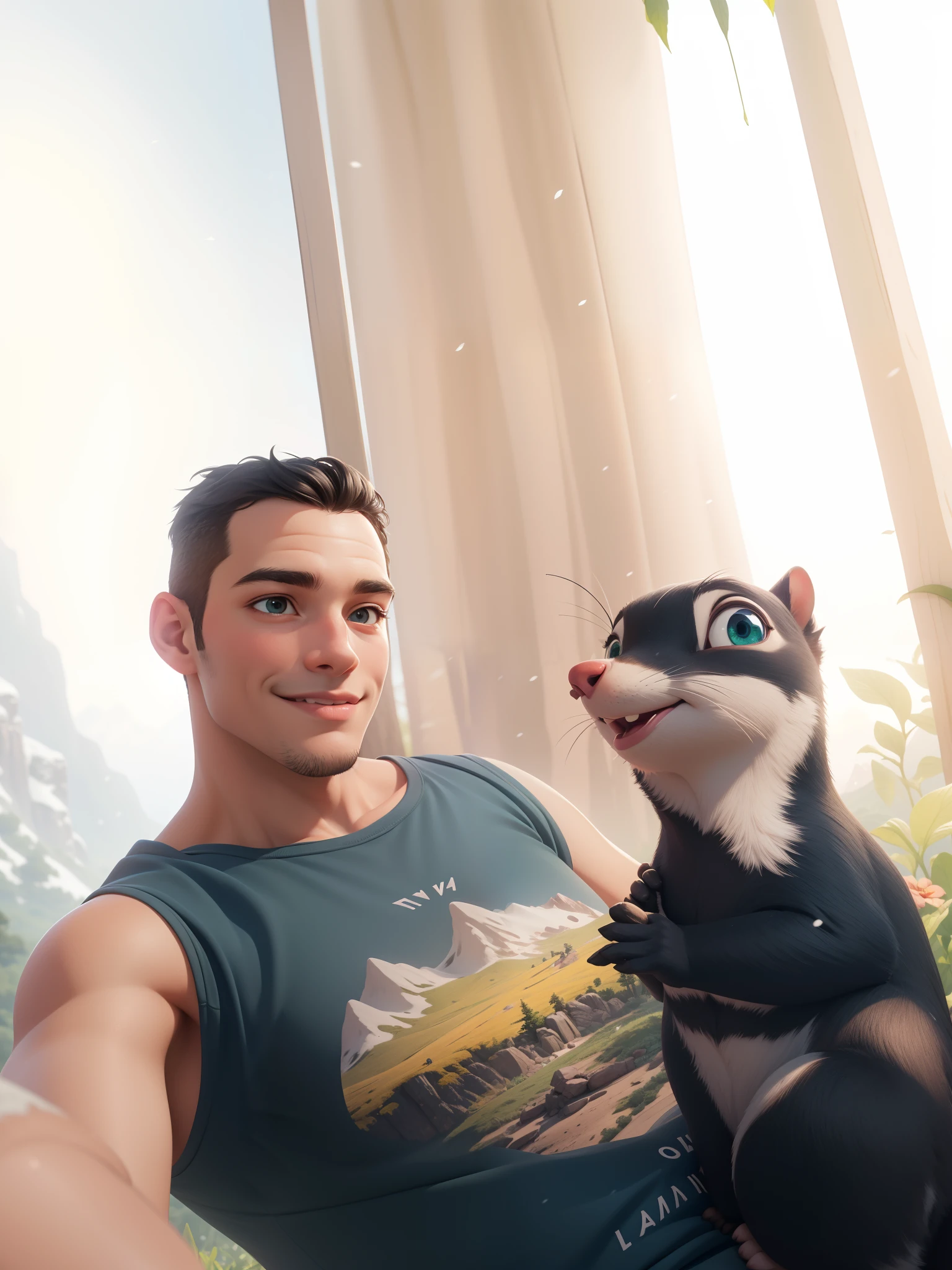 (best quality,highres:1.2),a happy little boy sitting on the forest floor,exploring:1.1,detailed eyes and face,beautiful detailed lips,longeyelashes,clean-shaven,mesmerizing smile,short black hair,curious expression,blue backpack:1.1,small yellow blouse,black shorts:1.1,blue hiking boots:1.1,green forest:1.1,sunlight filtering through the trees:1.1,lush foliage,fluttering butterflies,wild flowers:bright colorful flowers,dense undergrowth,giant old trees,twinkling light,adorable squirrel:happily munching on a nut,quiet bird chirping,majestic mountain peaks in the background:snow-covered peaks,clear blue sky:1.1,vibrant colors:1.1