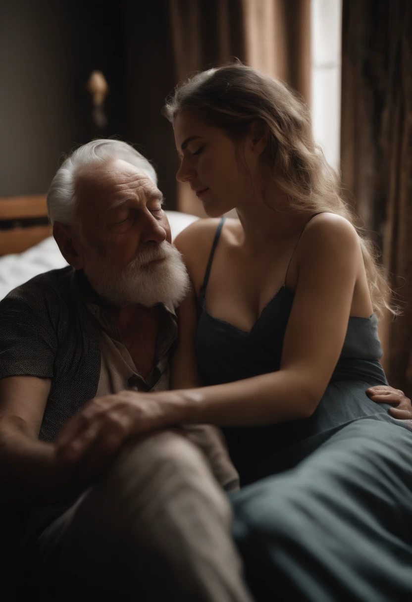 An old man and a girl have sex in the room, hugging position on lap, Side view, Home, Bed,The old man hugged the girl tightly,Lap cuddling sex, Kissing with silk,couples, Gigantic_Breasts, Girls have huge breasts, High quality, Realistic, Photorealistic, Masterpiece, A girl and an old man, Detailed old man, young girl, Detailed old man, Tattoo body girl, closing her eyes, Detailed old man,4K, Sitting knee sex, Face to face with a lap hug sitting,Sit on the floor sheets, Detailed old man,