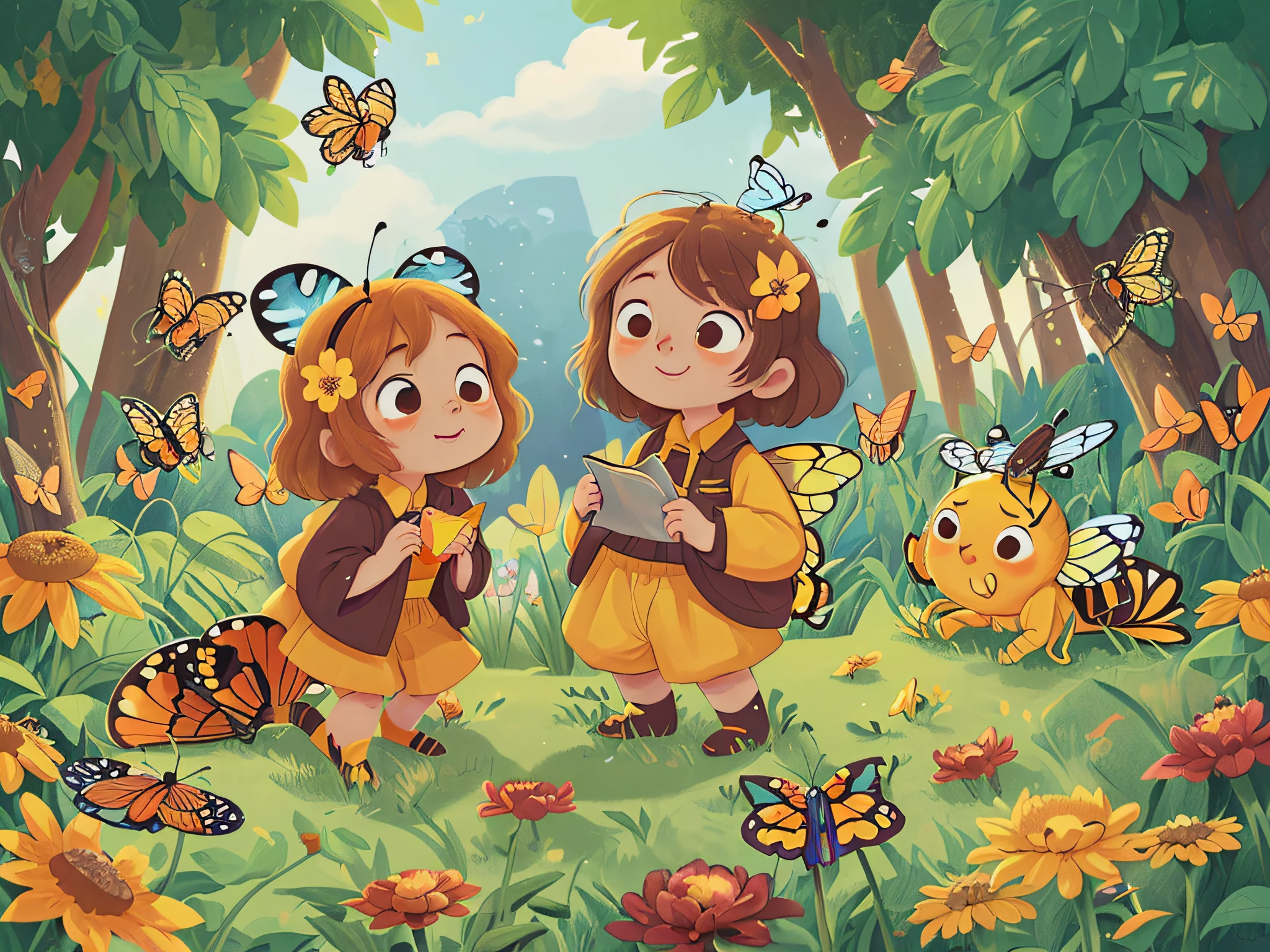 The sun is sunny and there are butterflies and bees in the flowers