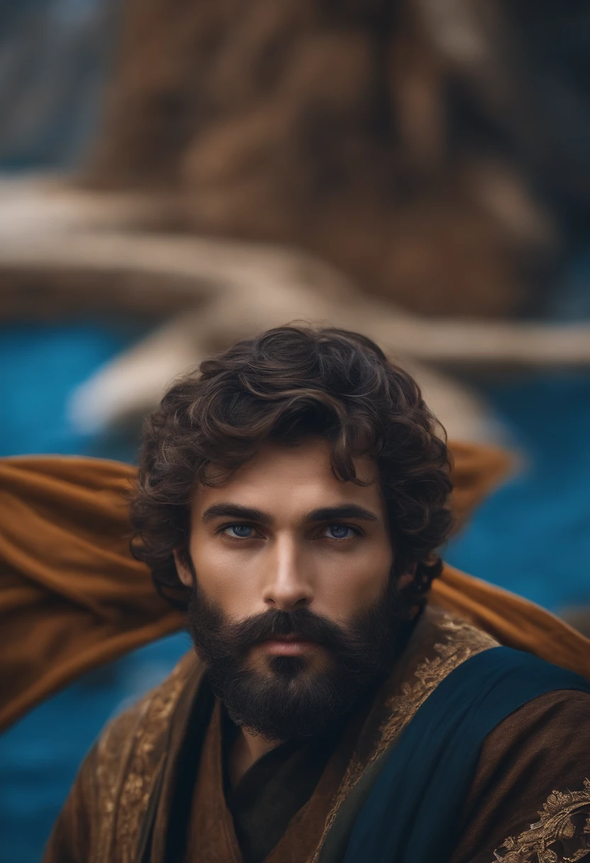 Homem Arafed com uma coroa azul e manto, rei medieval ruivo e grisalho, barba ruiva, barba rala, idade 50 anos, short hair, Retrato do Imperador da Humanidade, Personagem altamente detalhado, painted in high resolution.