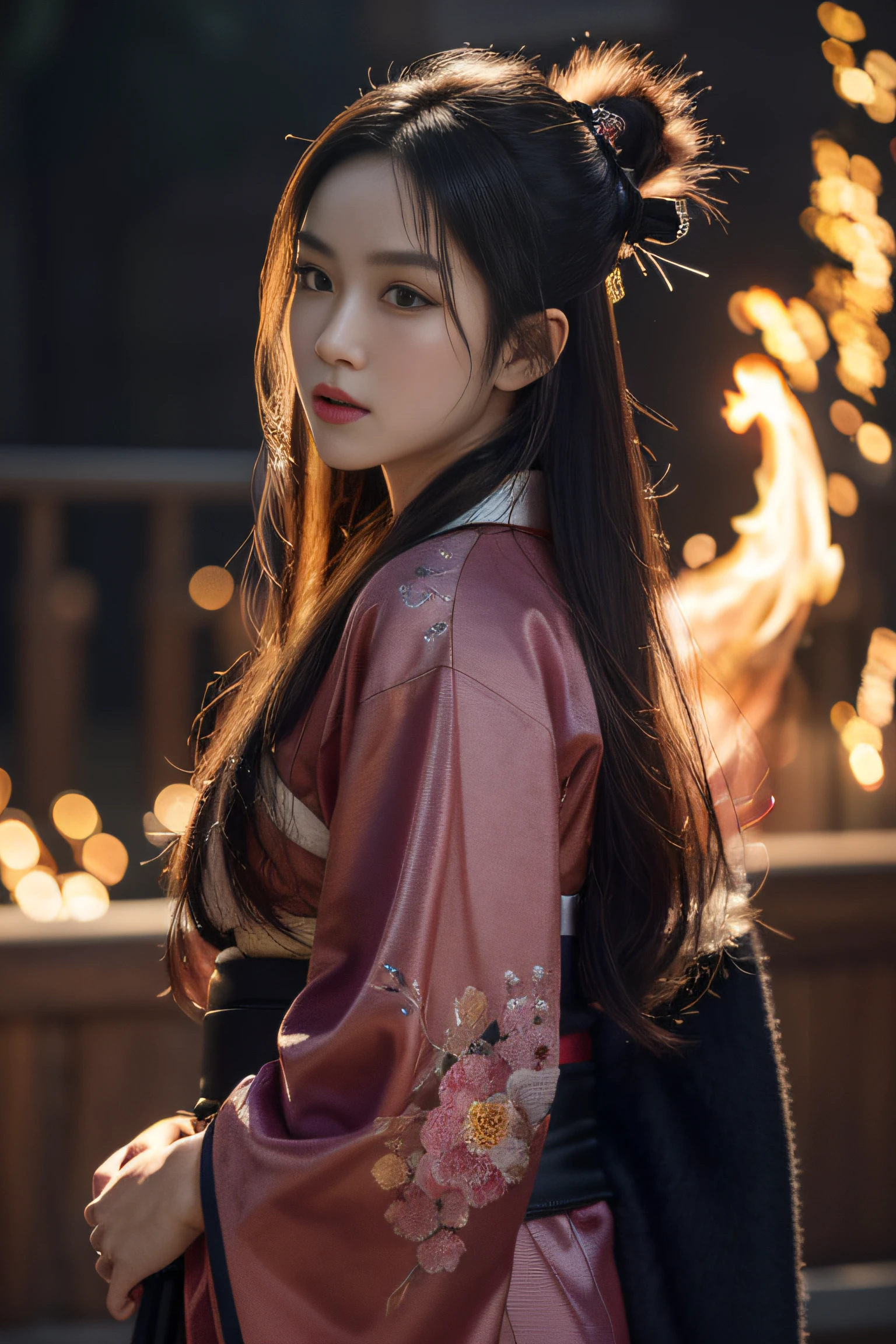 A Girl, full body shot of beautiful young Japanese female, long straight hair, wearing an elegant traditional kimono flower embroidery, (intricate detailed on kimono), epic background, Miraculous, Perfect face, small face, small head, (beautiful detailed eyes), symmetrical eyes, (detailed face), slender, dramatic lighting, (8k, photo, masterpiece), (highest quality), (best shadow), (best illustration), ultra high resolution, 8K wallpapers, physically based rendering, photo, realistic, realism, high contrast, hyperrealism, photography, f1.6 lens, intense colors, hyper-realistic realistic texture, (detailed face, weapons, fire, glitter), (nsfw:1.2), (samurai movie theme:1.2)
