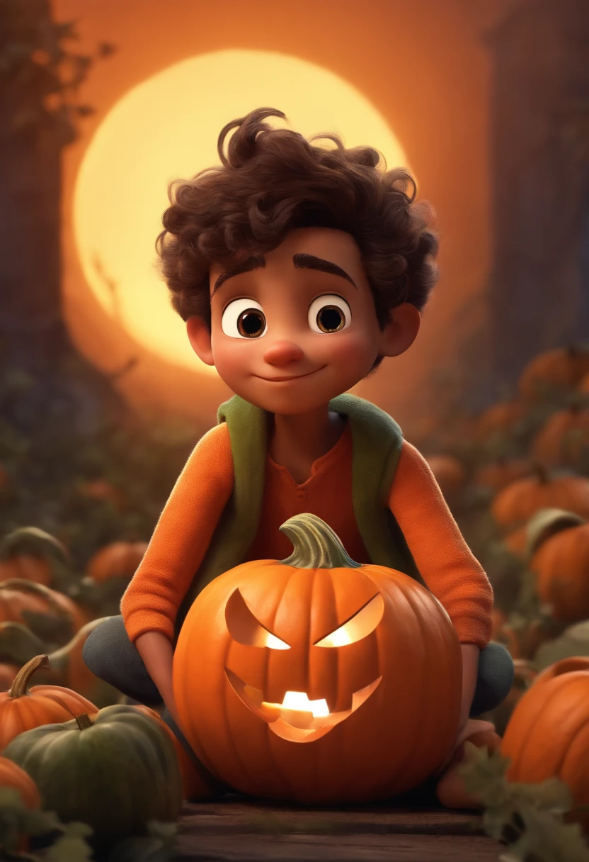 Image of a boy for a story in a youtube video in pixar format he is the Pumpkin is the best friend of the Little Alabastrinho, He always defends his friend and has a sister named Zucchini.