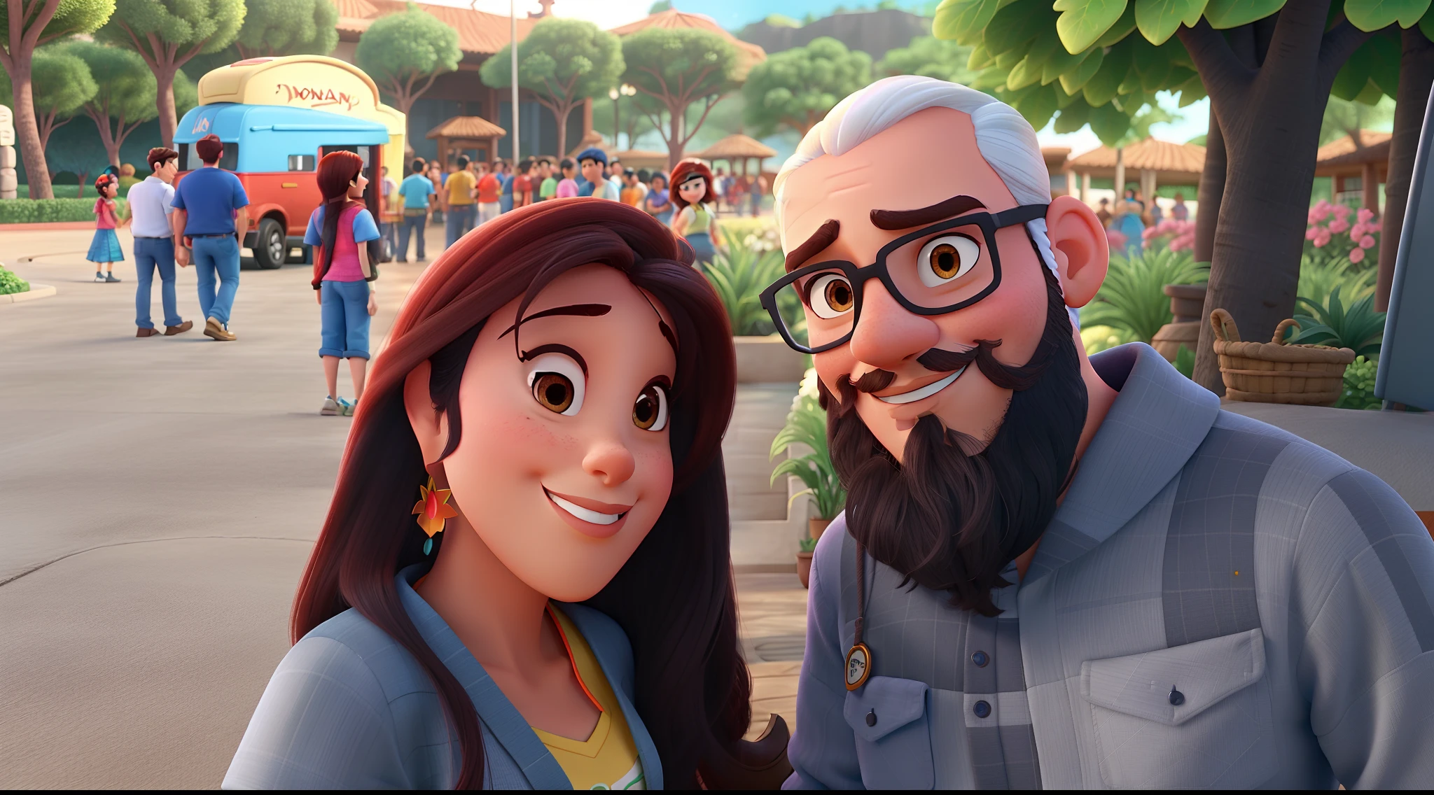 Um homem moreno e uma mulher morena sentados juntos estilo disney pixar, alta qualidade, melhor qualidade