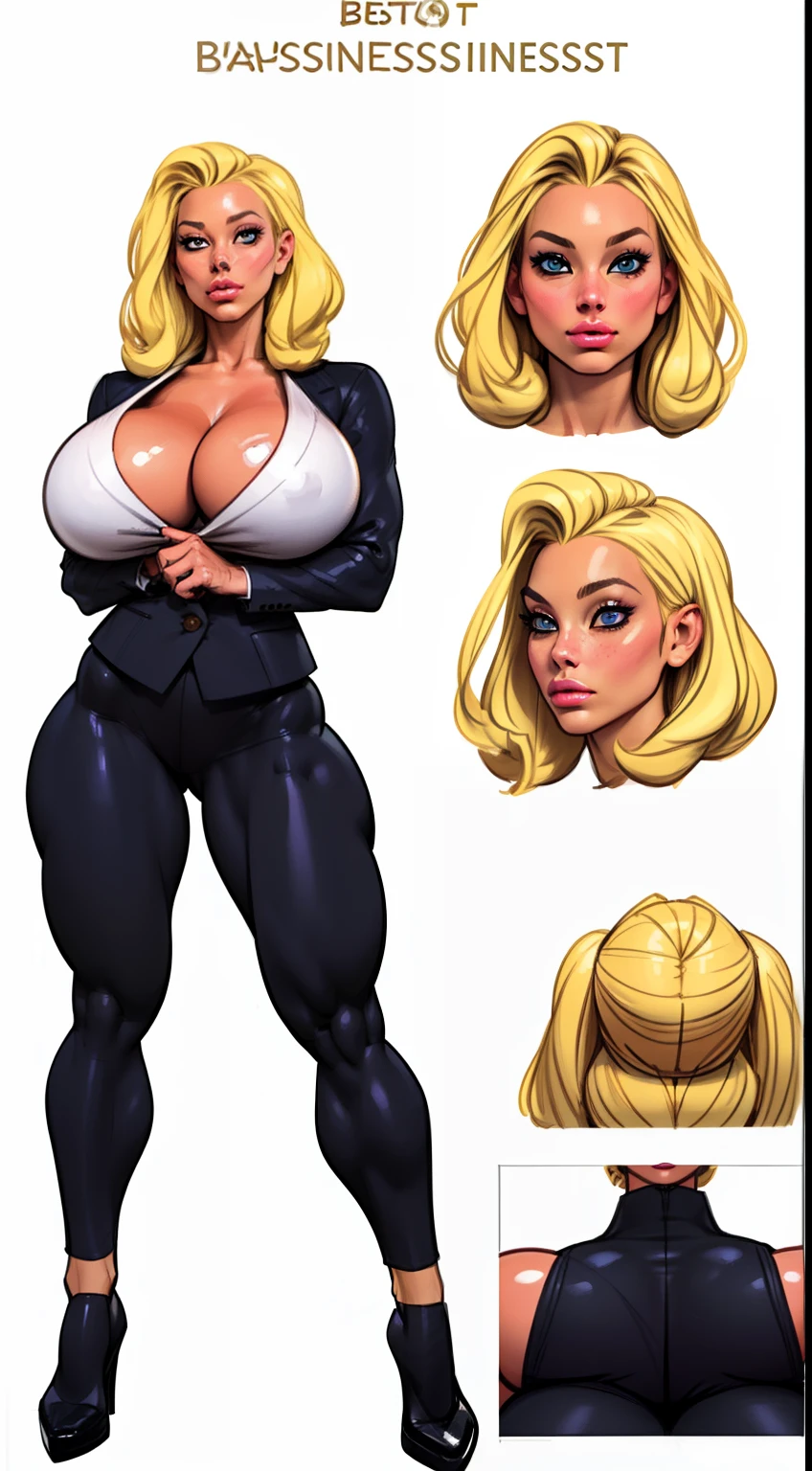 ((masterpiece)),(((best quality))), ((character design sheet:1.4)), ((full body view)) illustration,1girl, muscular, (( dark business suit:1.5)), bubbles, ((Pompadour combed back:1.4)), ((light blonde hair:1.4)), blue suit ((detailed face:1.4)) ((gigantic breasts:1.6)), (latex pants), ((cleavage)), beautiful woman, shiny skin, (thick legs), scribbles and marks, rough sketches, pose, 8k,16k, (simple background, white background: 1.3)