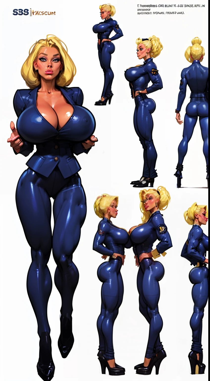 ((masterpiece)),(((best quality))), ((character design sheet:1.4)), ((full body view)) illustration,1girl, muscular, (( dark business suit:1.5)), bubbles, ((Pompadour combed back:1.4)), ((light blonde hair:1.4)), blue suit ((detailed face:1.4)) ((gigantic breasts:1.6)), (latex pants), ((cleavage)), beautiful woman, shiny skin, (thick legs), scribbles and marks, rough sketches, pose, 8k,16k, (simple background, white background: 1.3)