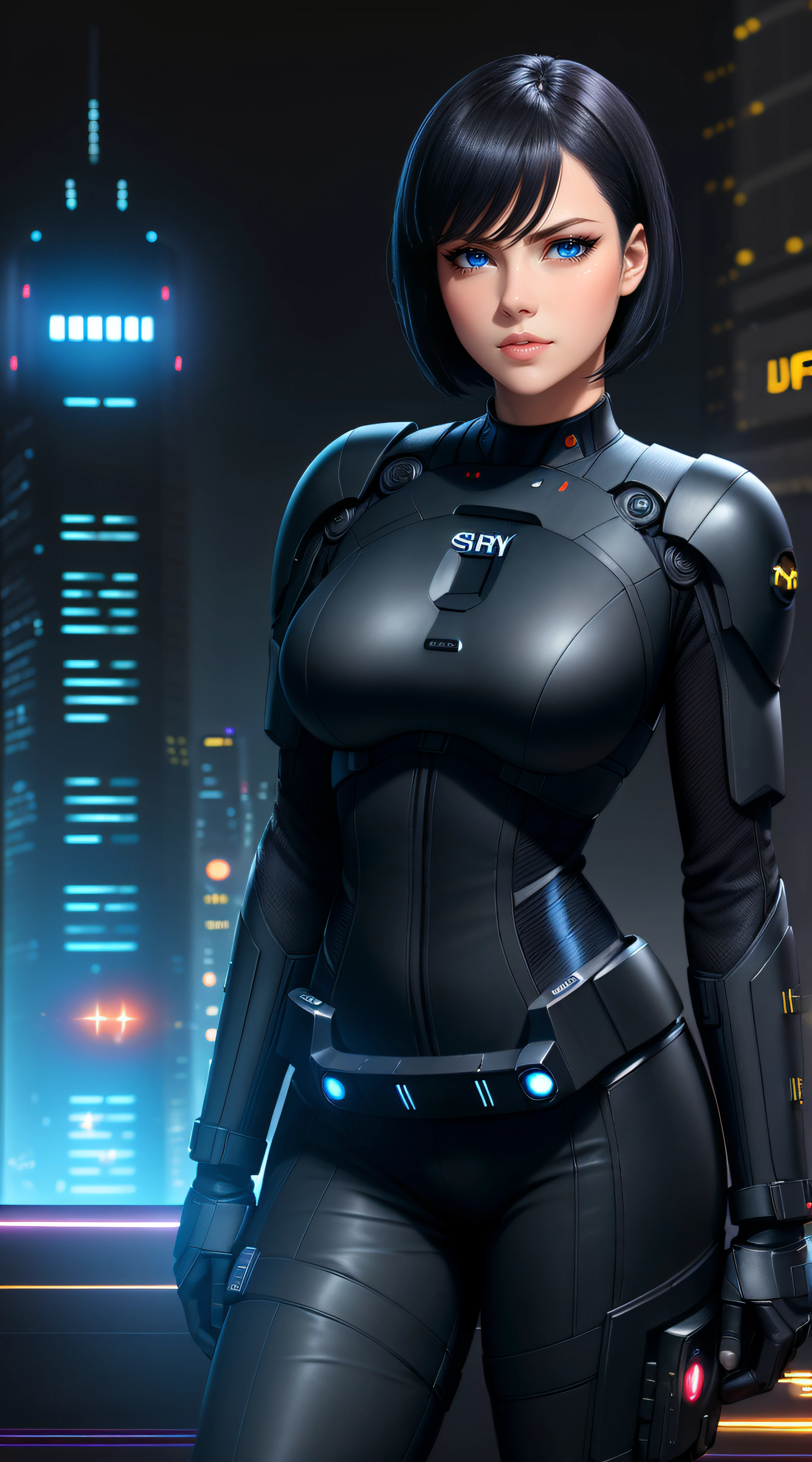 Science Fiction,Sci-Fi,Sci-Fi Movies,Foundation Movie References,Stories about Rebellion,Anti-Government Groups,25-Year-Old Woman, Full Body, Adult,Dark Blue Water-Colored Eyes,Black Bob Short Hair,leather body suit,Serious Face,Realistic Face Resolution,Realistic,Object Resolution, (dark city night black background:1.4)