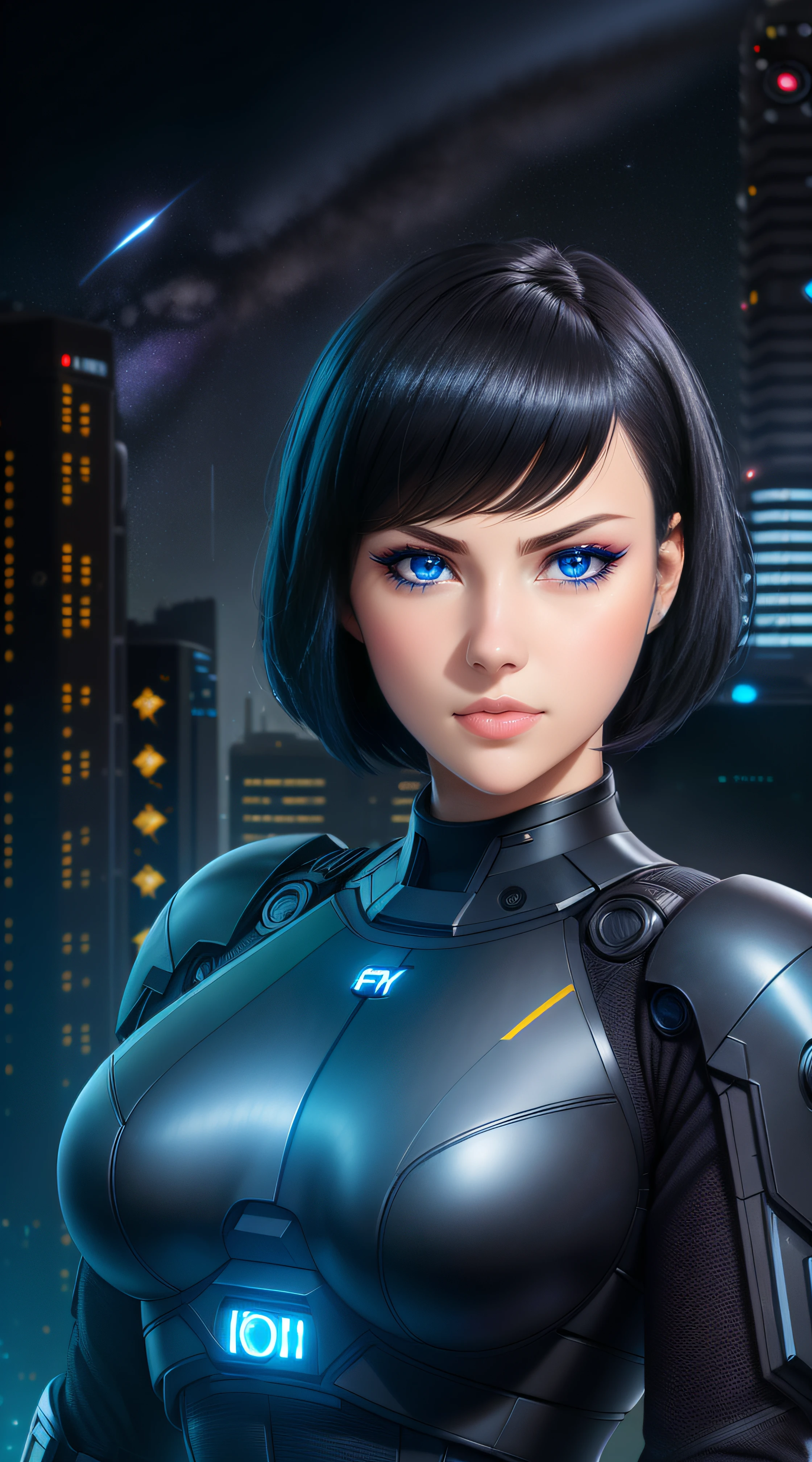 Science Fiction,Sci-Fi,Sci-Fi Movies,Foundation Movie References,Stories about Rebellion,Anti-Government Groups,25-Year-Old Woman, Full Body, Adult,Dark Blue Water-Colored Eyes,Black Bob Short Hair,leather body suit,Serious Face,Realistic Face Resolution,Realistic,Object Resolution, (dark city night black background:1.4)