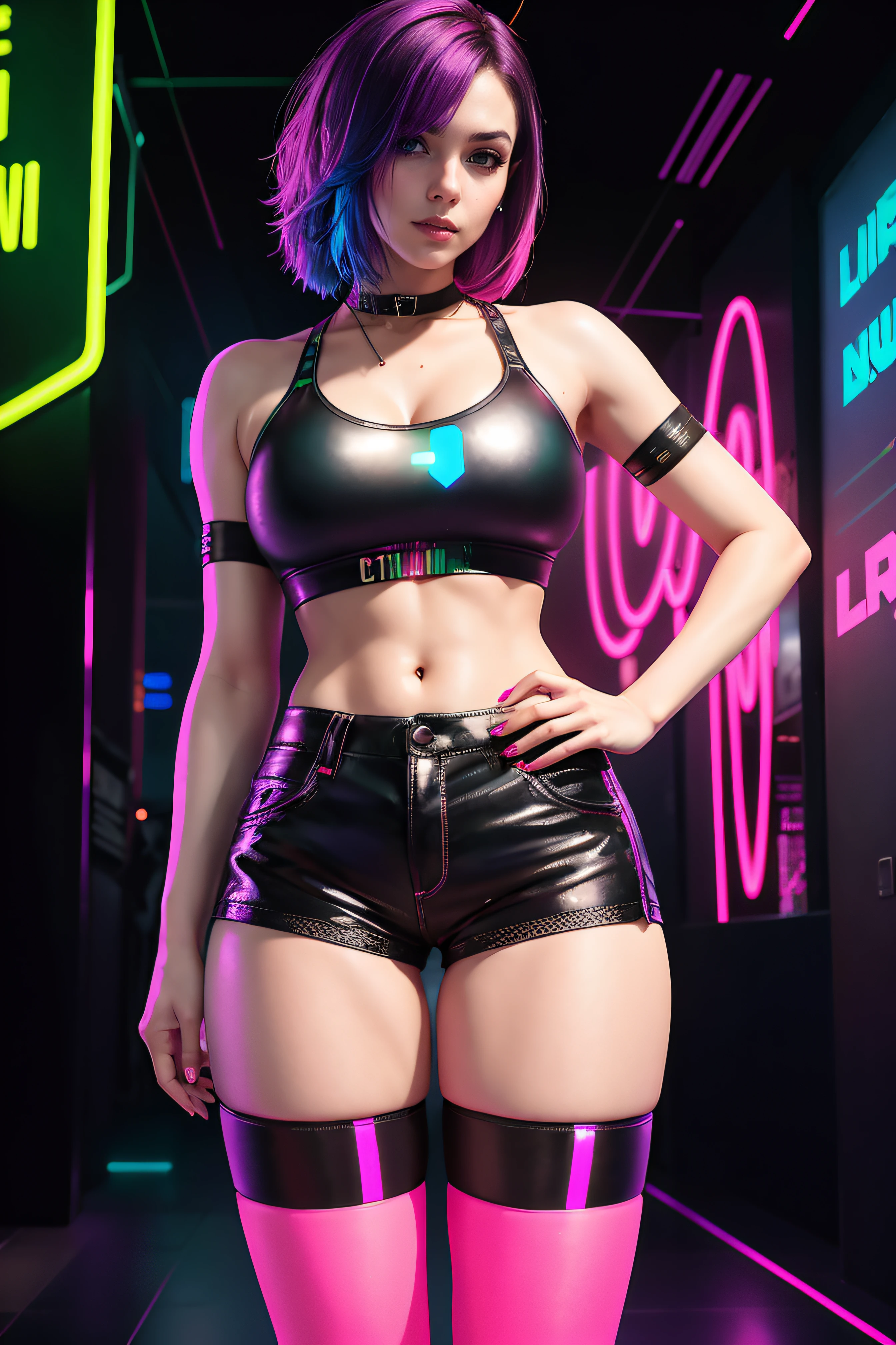 there is a woman standing with a rainbow light, 3 d neon art of a womans body, neon-noir background, cyberpunk femme fatale, seductive cyberpunk dark fantasy, ((tight shorts:1.4)), cyberpunk strip clubs, cyberpunk 20 y. o model girl, oppai cyberpunk, banner, high definition cgsociety, cgsociety masterpiece, trending on cgstation, kda