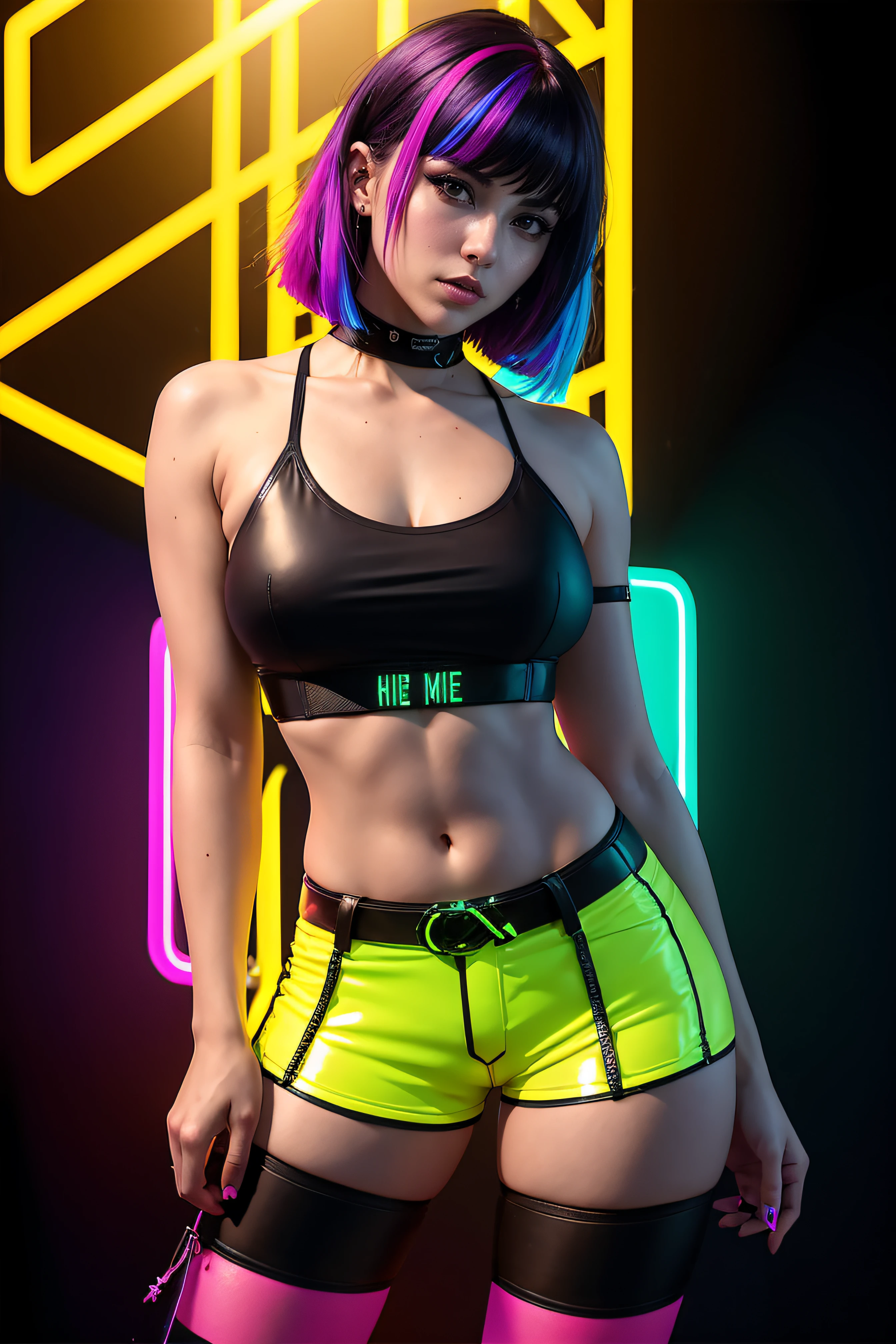 there is a woman standing with a rainbow light, 3 d neon art of a womans body, neon-noir background, cyberpunk femme fatale, seductive cyberpunk dark fantasy, ((tight shorts:1.4)), cyberpunk strip clubs, cyberpunk 20 y. o model girl, oppai cyberpunk, banner, high definition cgsociety, cgsociety masterpiece, trending on cgstation, kda