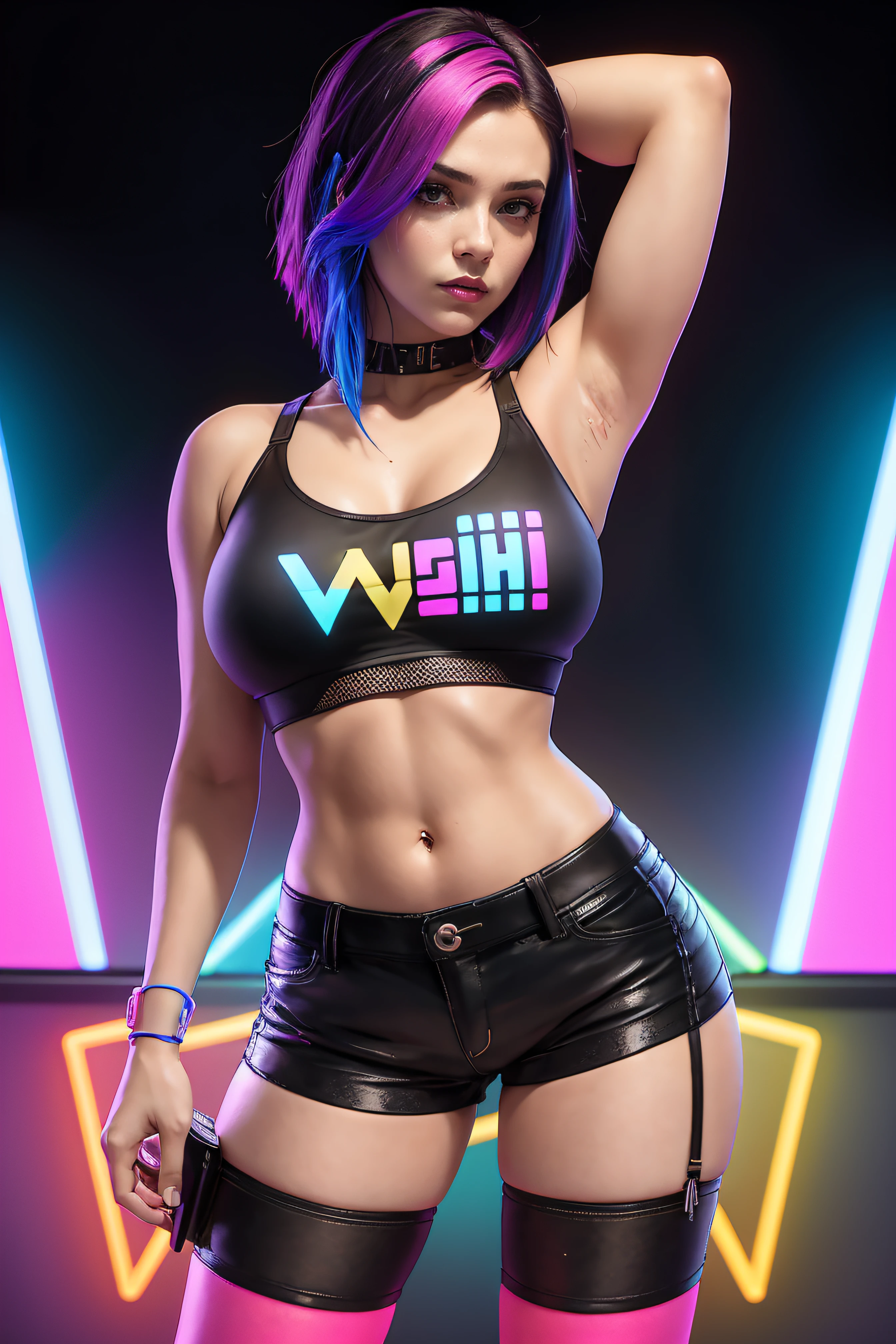 there is a woman standing with a rainbow light, 3 d neon art of a womans body, neon-noir background, cyberpunk femme fatale, seductive cyberpunk dark fantasy, ((tight shorts:1.4)), cyberpunk strip clubs, cyberpunk 20 y. o model girl, oppai cyberpunk, banner, high definition cgsociety, cgsociety masterpiece, trending on cgstation, kda