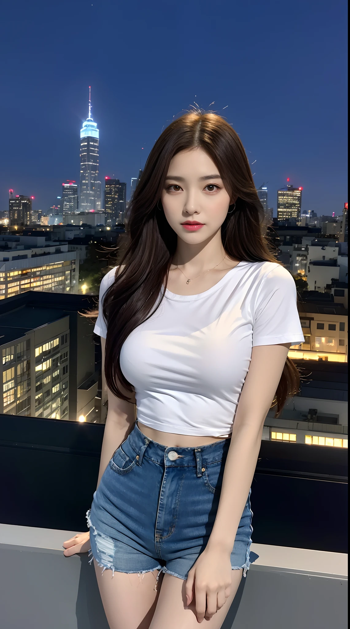 ((Meia-noite、maximum quality、8K、Masterpiece artwork:1.3)), Full body esbian, Legs long, sharp focus:1.2, Beautiful woman with perfect body:1.4, slendered abs:1.1, ((dark brown hair、Colossal tits:1.2)), (tight white t-shirt、short jeans justo na bunda 、standing:1.2), ((Night city view、on the roof:1.3)), Highly detailed facial and skin texture, A detailed eye, double eyelid
