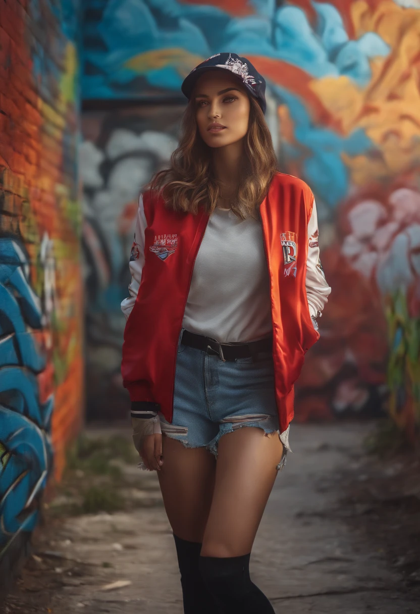 (best quality), masterpiece, extremely detailed CG uniform 8K illustration, high color, extremely high color saturation, all colors deepened, paint, graffiti art, center composition, extremely detailed light and shadow, graffiti wall, wall painted bright, 1 girl graffiti 1 girl looking at the wall, extremely detailed face and eyes, medium length hair, sportswear, colored clouds