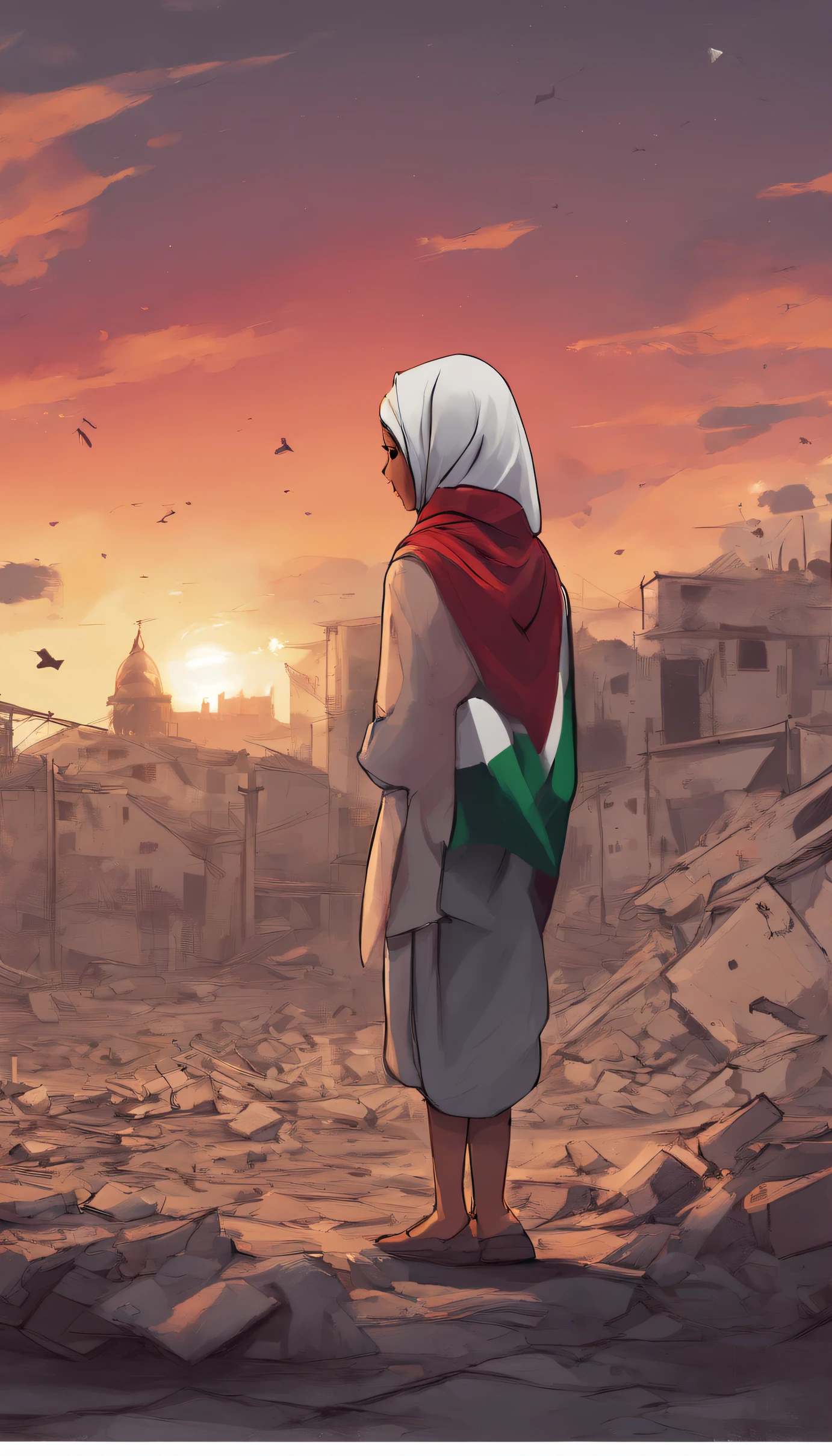 palestine flag correctly, dramatic sunset and cloudy, stars, Palestine earthquake, one using hijab from behind hold a waving Palestine flag looking at rubble and destruction, somber, hope, Palestine flag, hijab, muslim