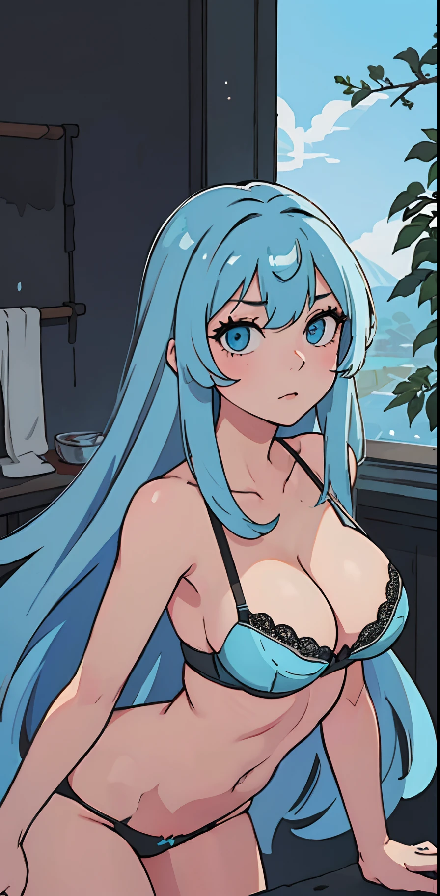 hightquality,Hi-Def,masterpaintings,cyan hair,long hair,1girl huge large breasts,Blue eyes,lovly,Slim and small,scantily clad,Looming,sexy cleavage,adult age,black Ripped panties,black Broken bra