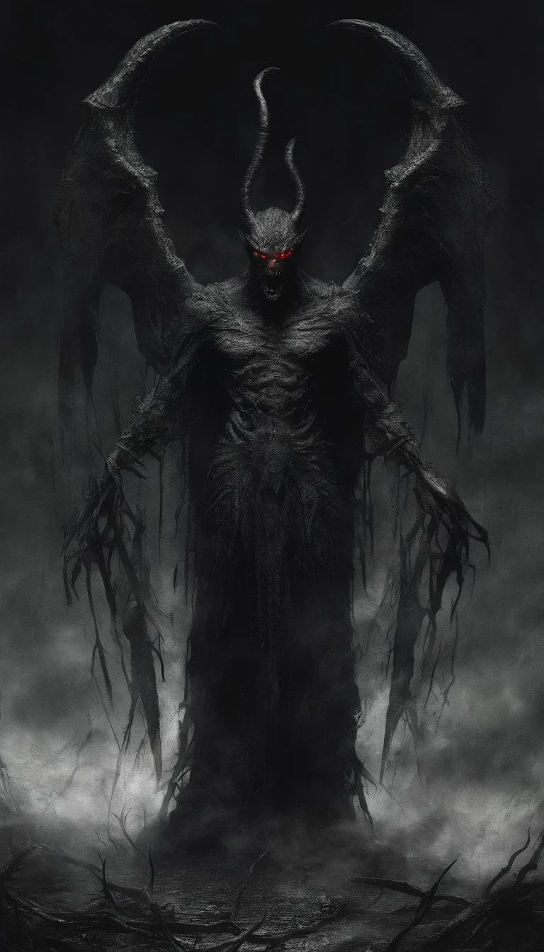 (best quality,highres:1.2),(dark,menacing:1.1),(sinister:1.1),(devil,satan,lucifer:1.1),(demonic:1.1),(ominous,foreboding:1.1),(powerful figure:1.1),(red glowing eyes,sharp teeth:1.1),(black wings,thick,tattered:1.1),(hellish landscape:1.1),(fire,brimstone:1.1),(threatening atmosphere:1.1),(dark shadows,menacing presence:1.1),(ominous clouds,stormy sky:1.1),(gloomy,haunting mood:1.1),(ominous aura,evil energy:1.1),(dark aura,smoke:1.1),(intense heat,blazing flames:1.1),(surreal,nightmarish vision:1.1),(foretelling apocalypse:1.1),(twisted horns,fiery crown:1.1),(ominous whispers,evil laughter:1.1),(screams of torment,echoing cries:1.1),(ominous symbols,ancient runes:1.1),(mystical artifacts,dark artifacts:1.1),(infernal ritual,ritualistic sacrifice:1.1),(demonic minions,creatures of darkness:1.1),(desolate,barren wasteland:1.1),(college of souls,tormented souls:1.1),(eternal damnation,hopeless existence:1.1),(apocalyptic destruction,world engulfed in chaos:1.1),(malevolent presence,darkness personified:1.1),(portals to the underworld,nightmarish realm:1.1),(dread,terror:str].