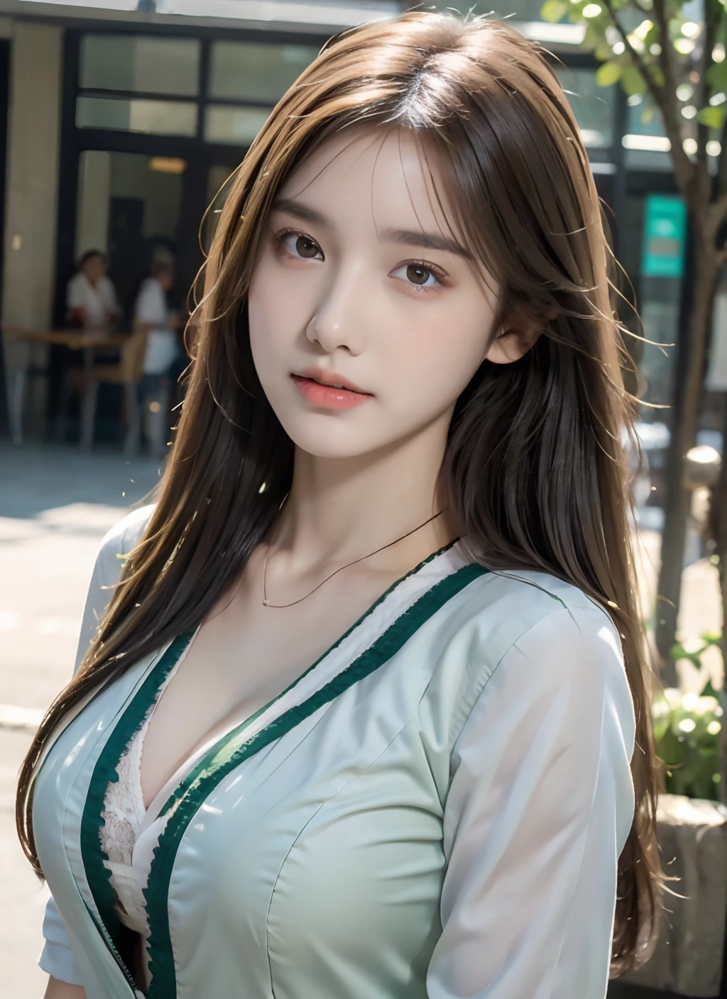 (the best质量, Chinese girl style,8k,32k,masterpiece, Ultra HD:1.2),Extremely detailed CG Unity 8K wallpaper,Intricate details,original photo,(Reality:1.4),atmosphere,Ultra-high resolution,realistic,real,huge_File size,Ridiculous,(Center:1.3),Super Illustration,(Super detailed),Dramatic Lighting,various colors,Depth of Field,Artworks by Krenz Kushat,Golden Hour Lighting,Photographed by Canon EOS,SIGMA Art Lens 35mm F1.4,ISO 200 Shutter speed 2000,Blurred background,
rest,
1 Girl,(Smile:1.3),slim,(Long straight hair,With transparent bangs,:1.4),Solitary,20-year-old Japanese beauty, (Garden,Light green striped shirt:1.4),(Light brown hair:1.5),((Brown eyes)),Large Breasts,Chest, Soft and fair skin,Every detail sparkles,Pale skin,Very beautiful face,Good face shape,Natural and realistic face,the best,Beautiful and delicate eyes,Eye-catching eyes,The eyes are drawn in great detail, Smile with your mouth closed,Detailed mouth,Delicate lips,shiny beautiful lips,Glossy lips,Simple earrings,necklace,jewelry, Solitary focus,Low neckline,
rest,
forward lighting,Cool,permanent,Emotional expression, rest,
(Hook of Holland:1.4),Looking at the audience,
rest,Ziyu,Aragaki Yui,