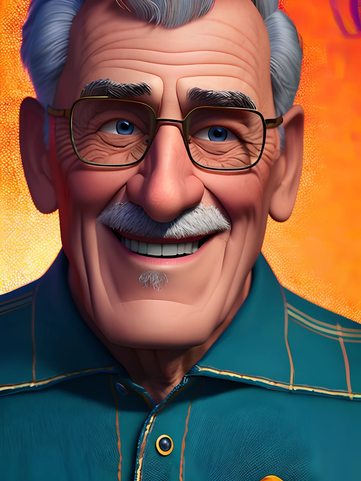 Pixarstyle A waist-high portrait of an elderly man with social clothes, smile, natural skin texture, 4K textures, HDR, intricate, highly detailed, sharp focus, cinematic look, hyper-detailed