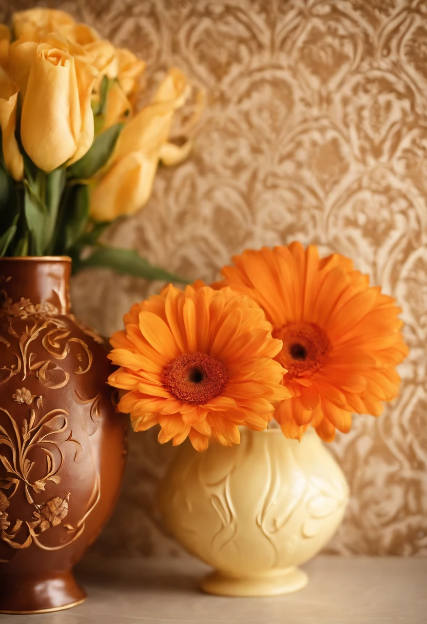 birthday photography wallpaper, Luxurious design, light yellow walls, has an embossed pattern, vase in brown left corner, vase in the orange right corner, Happy birthday inscription in the middle,